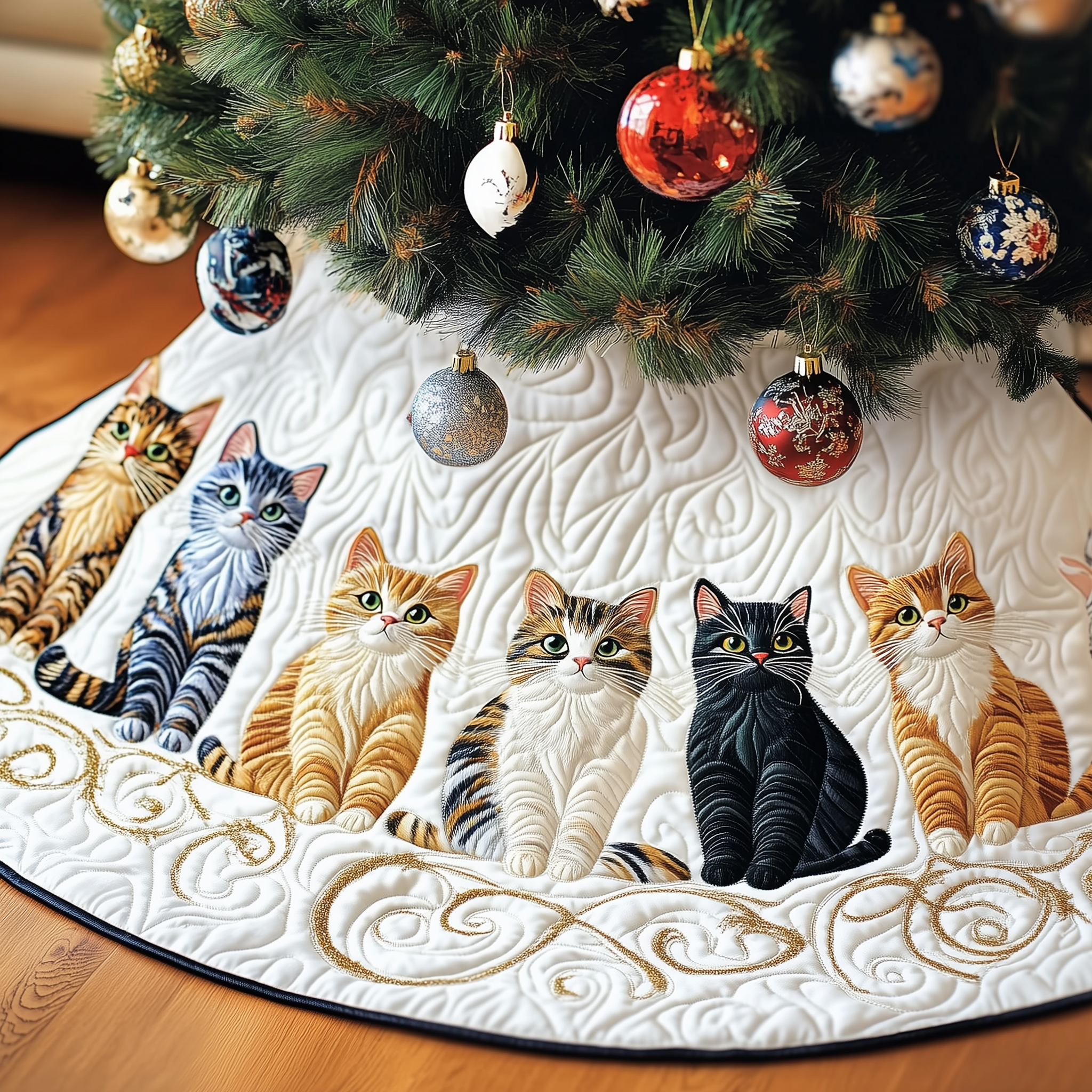Joyful Cat Quilted Tree Skirt Unique Gift Merch For Friends