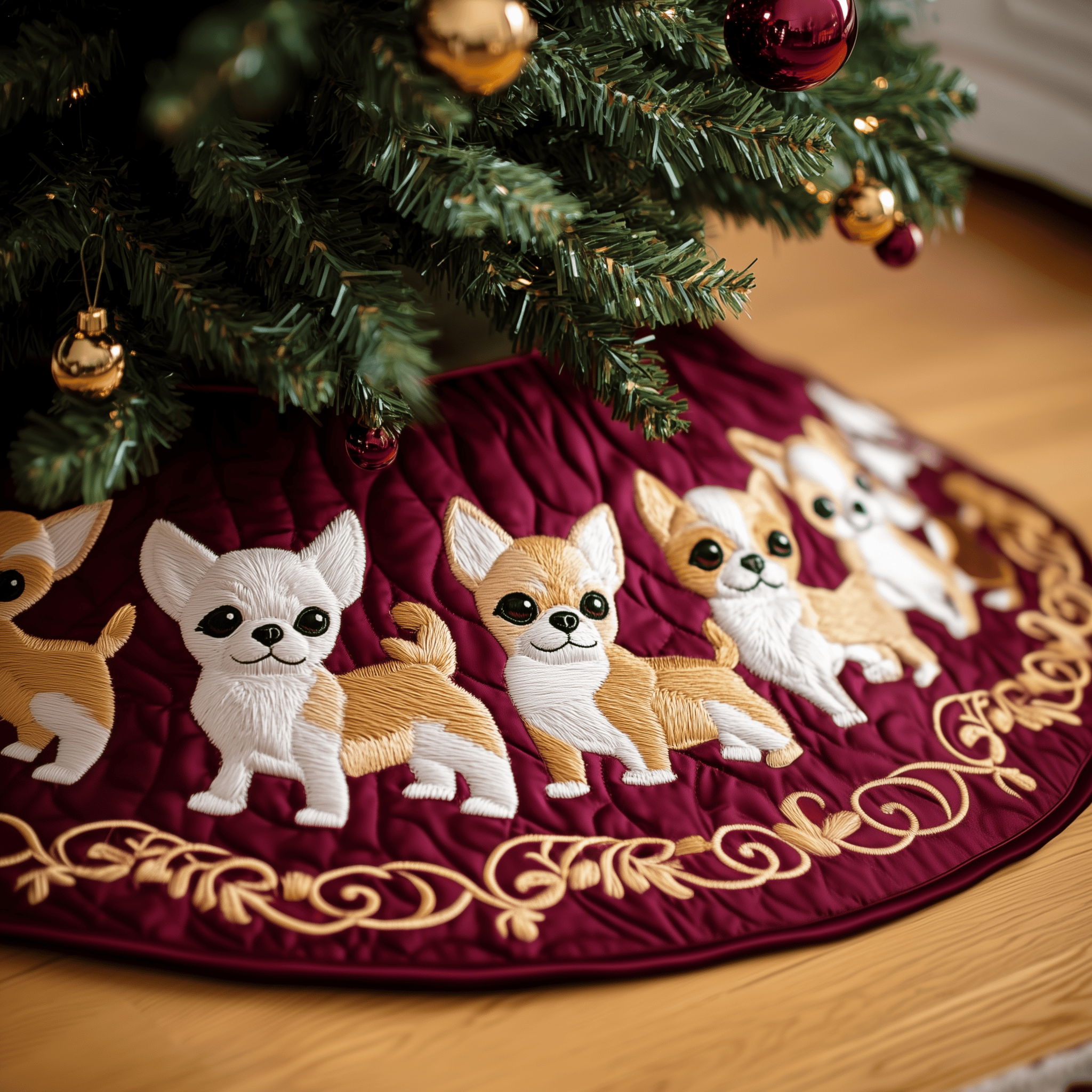 Joyful Christmas Chihuahua Quilted Tree Skirt Holiday Tree Base Cover Decorations Chihuahua Themed Gifts