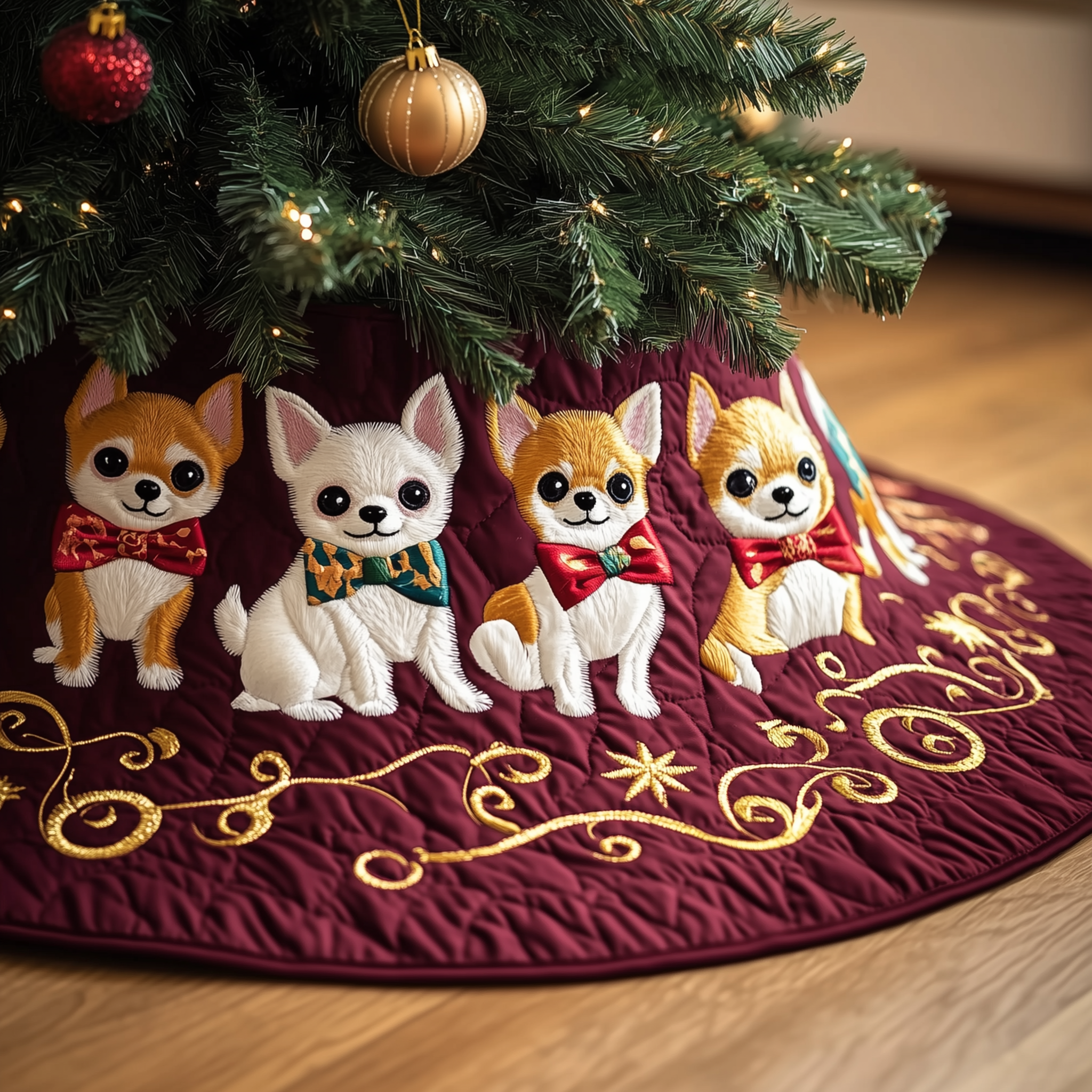 Joyful Christmas Chihuahua Quilted Tree Skirt Holiday Tree Base Cover Decorations Chihuahua Themed Gifts