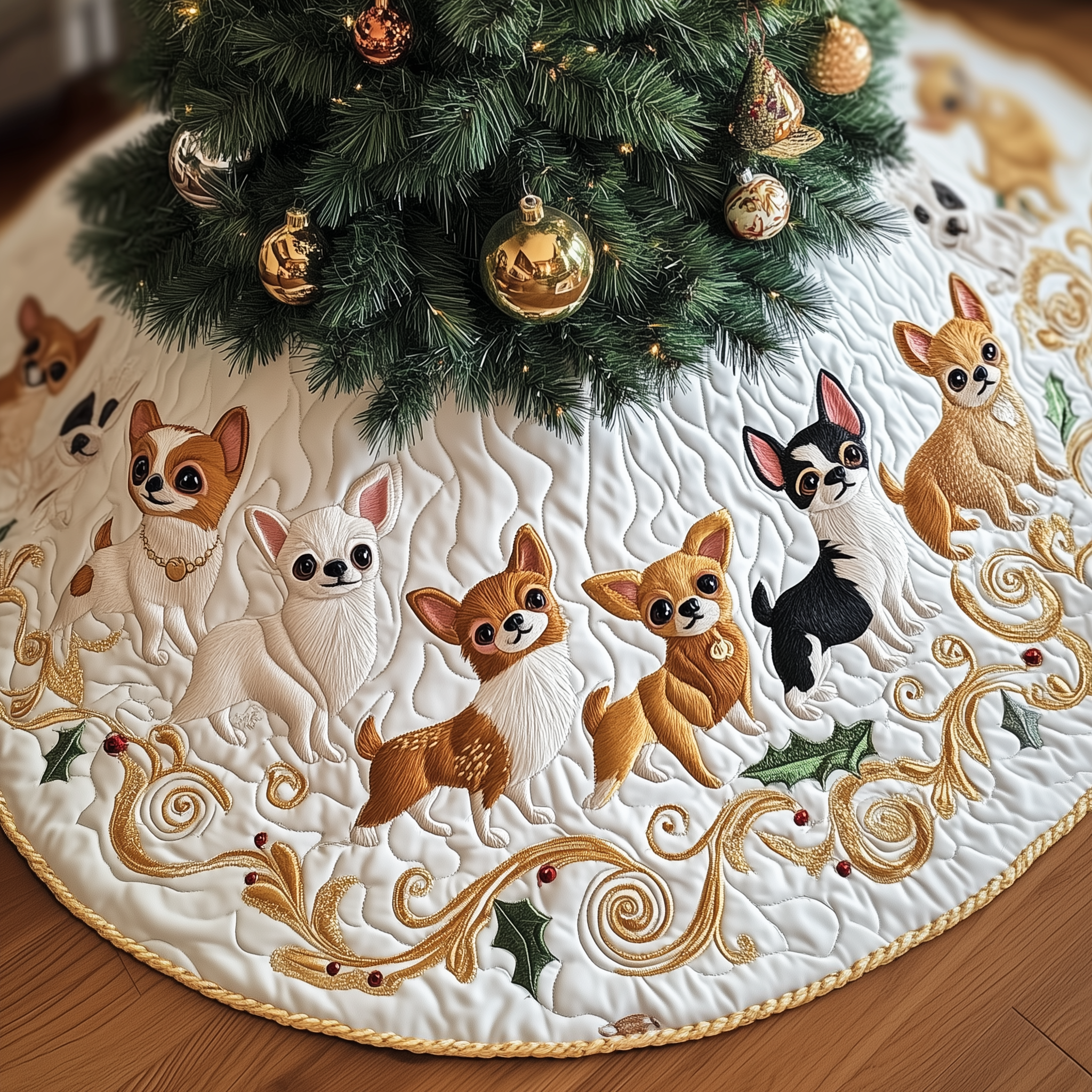 Joyful Christmas Chihuahua Quilted Tree Skirt Surround Tree Base Cover Decorations Gifts For Chihuahua Lovers