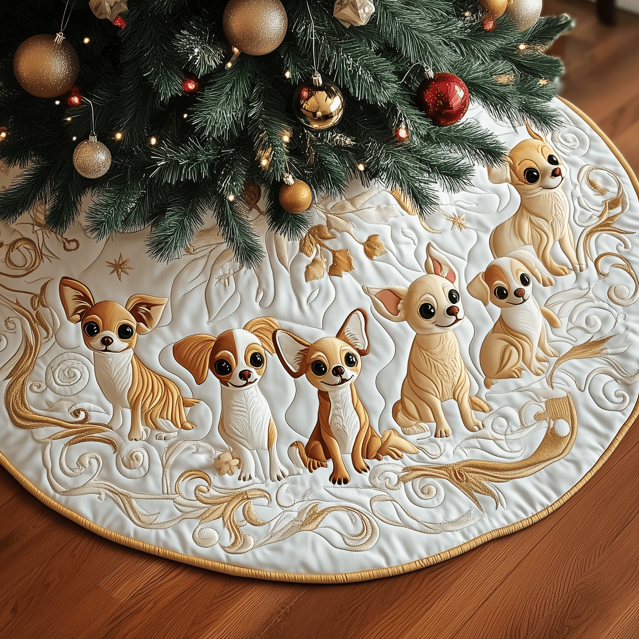 Joyful Christmas Chihuahua Quilted Tree Skirt Surround Tree Base Cover Decorations Gifts For Chihuahua Lovers