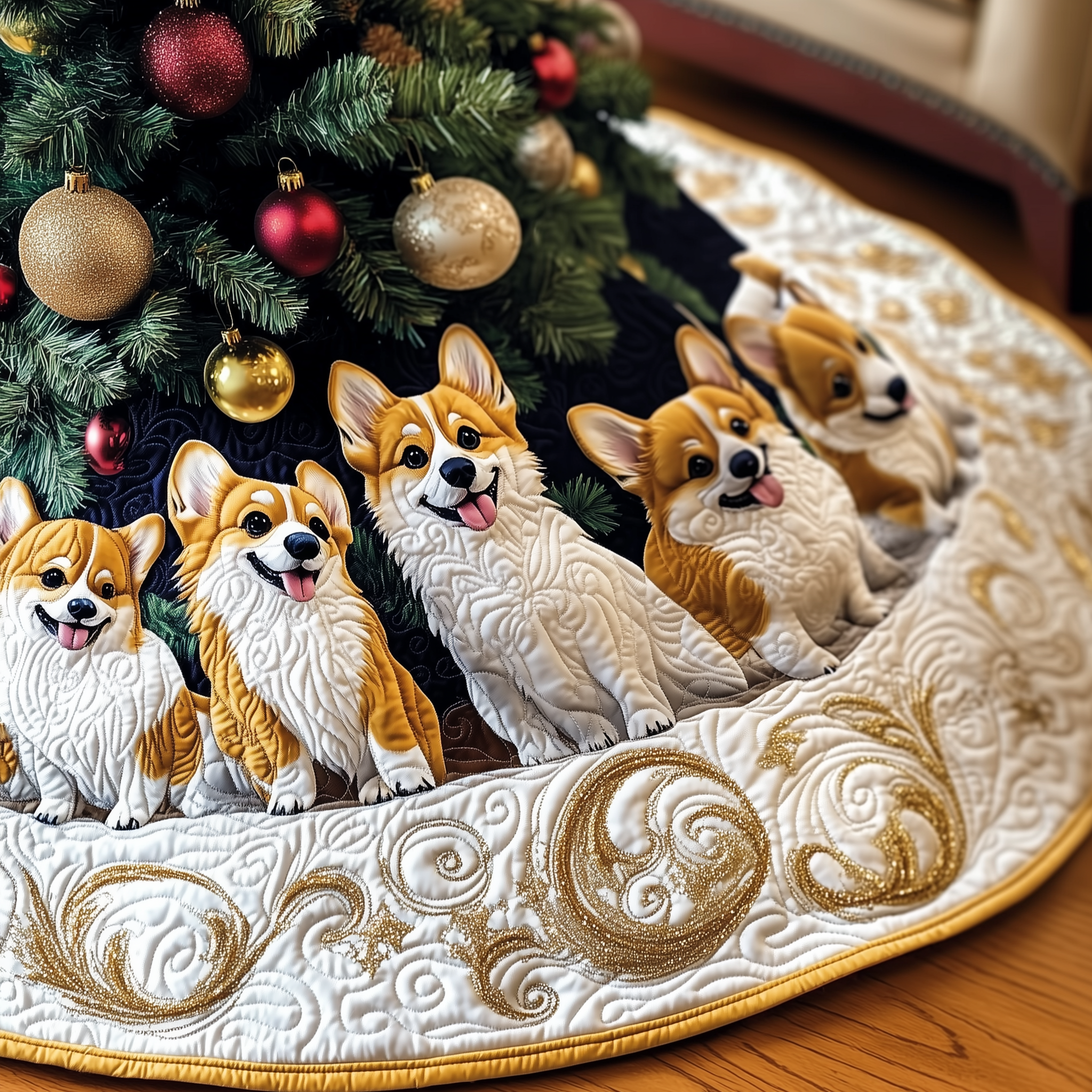 Joyful Christmas Corgi Quilted Tree Skirt Beautiful Christmas Home Merch