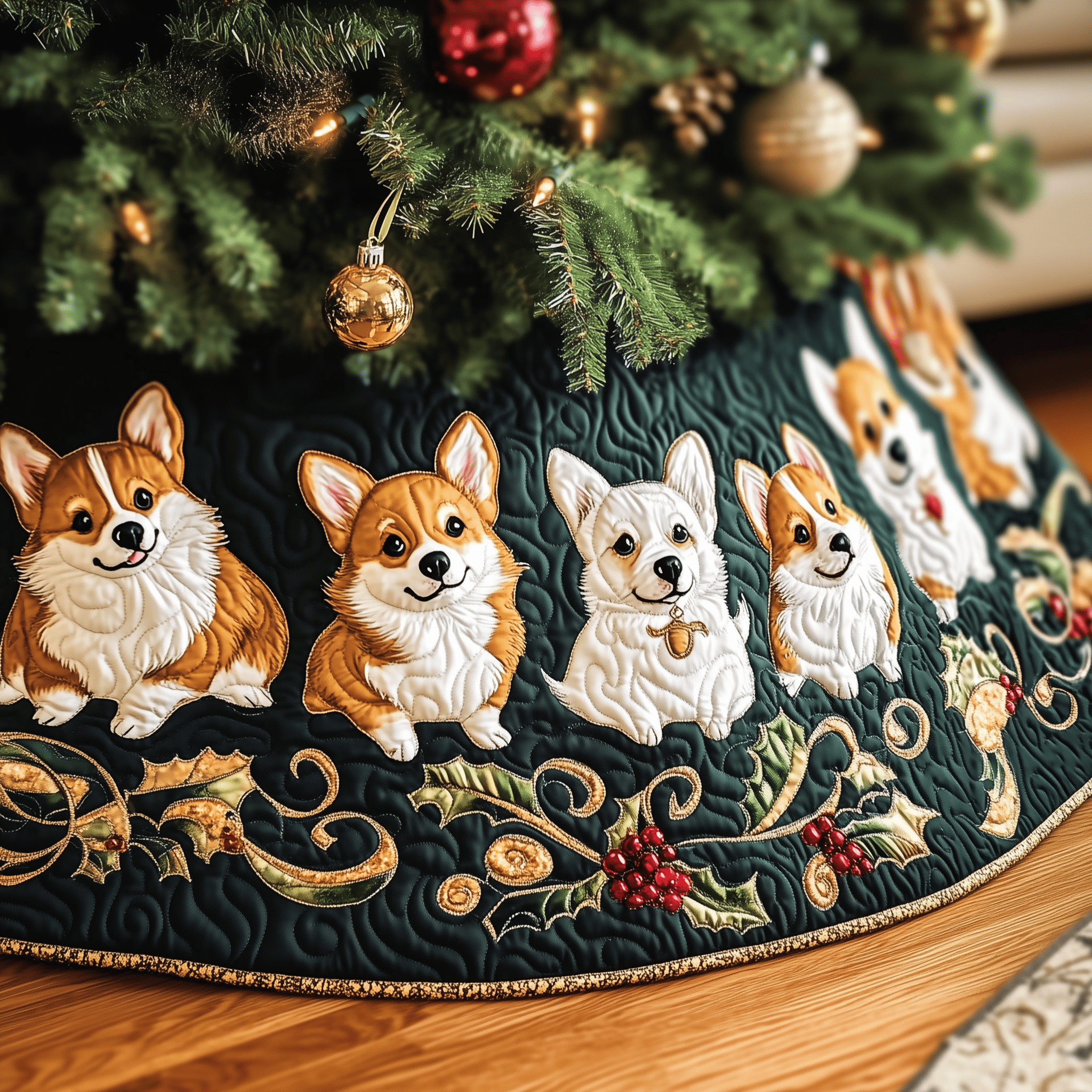 Joyful Christmas Corgi Quilted Tree Skirt Cute Xmas Surround Tree Base Cover Decorations Gifts For Corgi Lovers