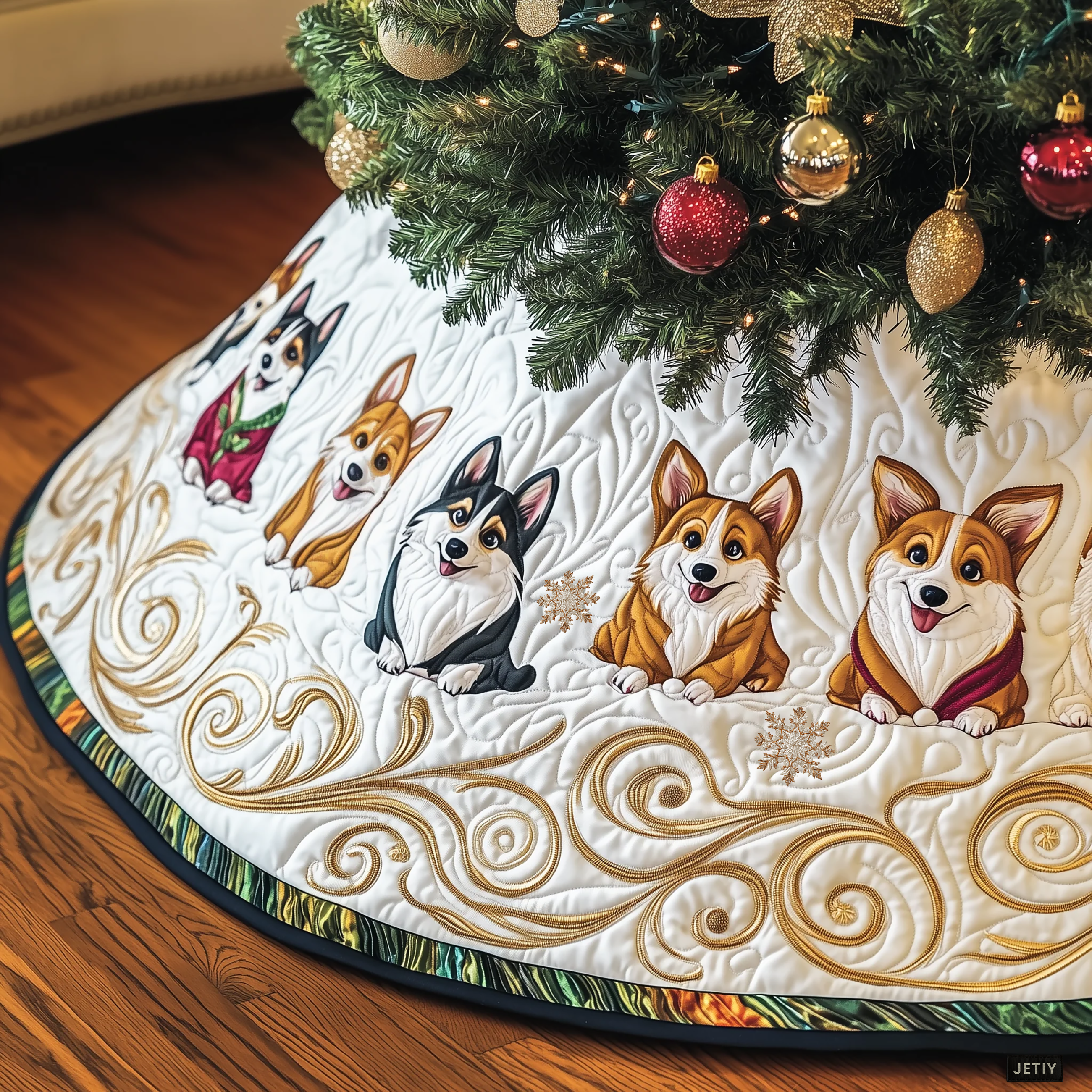 Joyful Christmas Corgi Quilted Tree Skirt Cute Xmas Tree Base Cover Merchandise Corgi Christmas Decorations