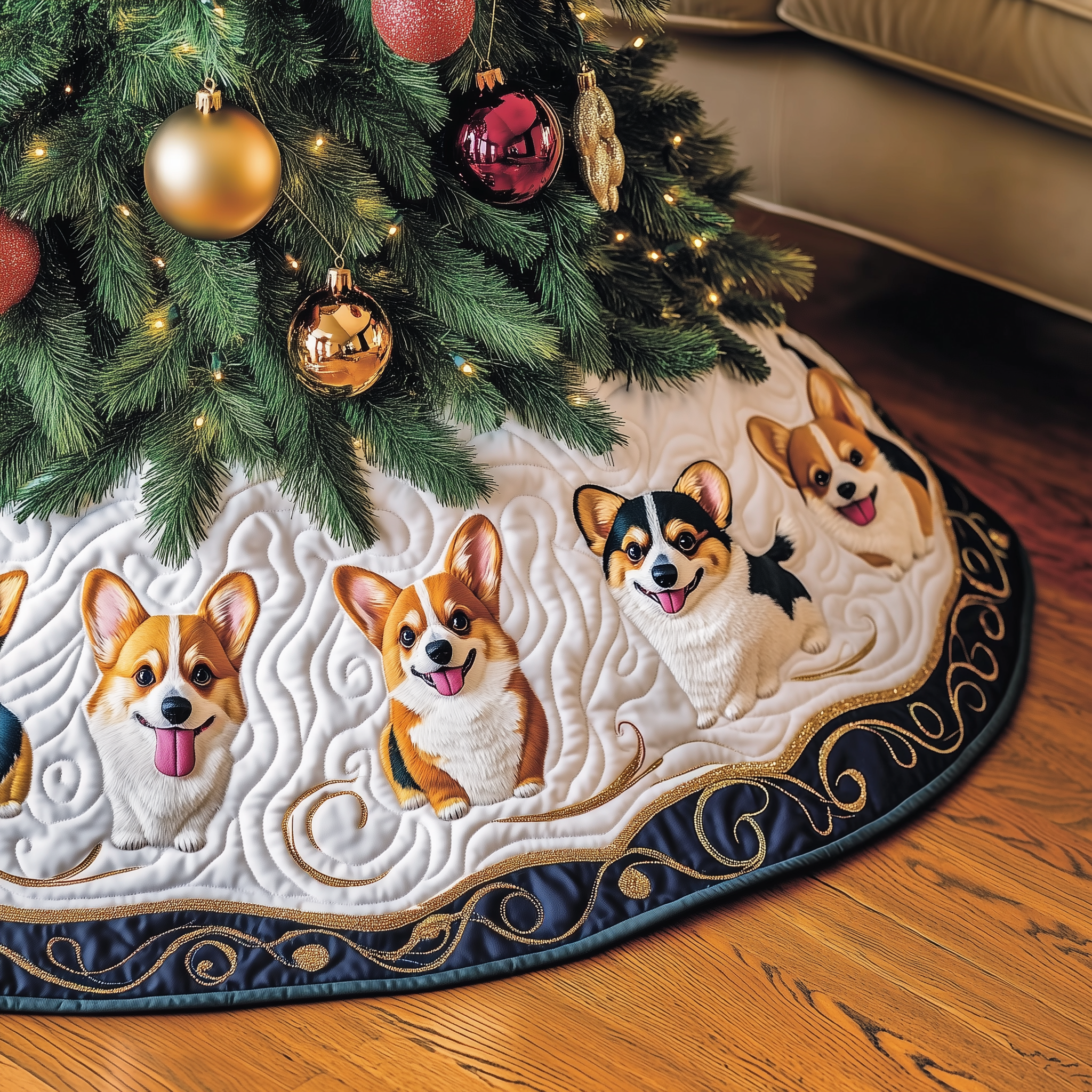Joyful Christmas Corgi Quilted Tree Skirt Cute Xmas Tree Decorations Gifts For Corgi Owners