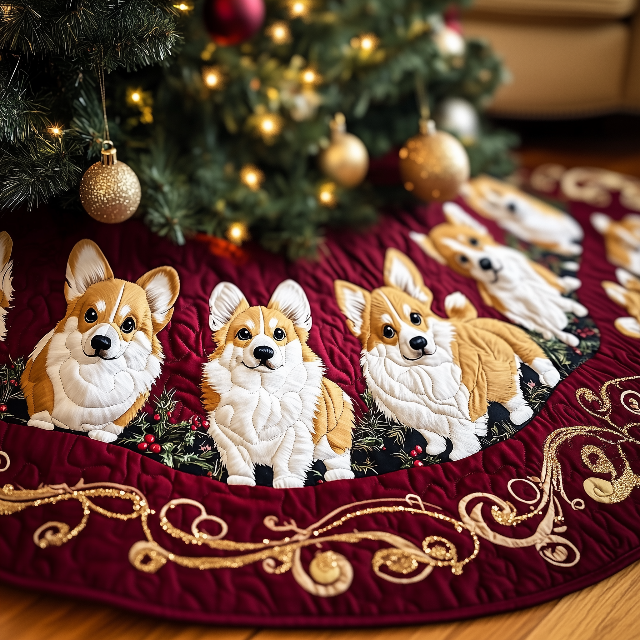 Joyful Christmas Corgi Quilted Tree Skirt Cute Xmas Tree Decorations Gifts For Corgi Owners