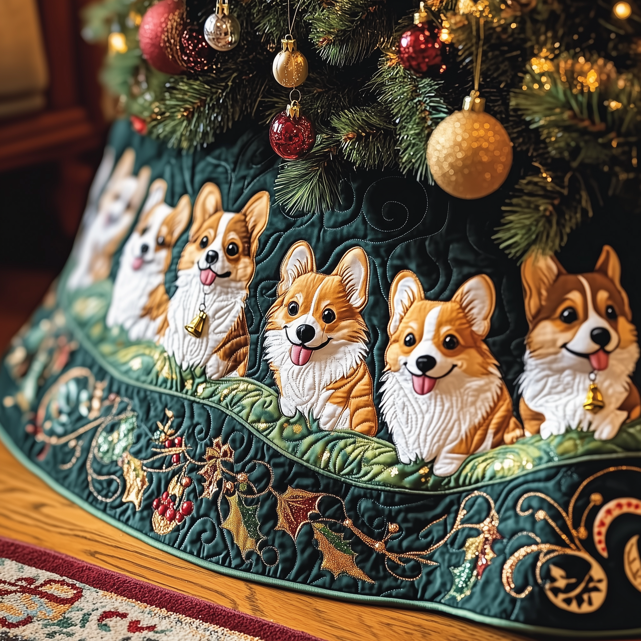 Joyful Christmas Corgi Quilted Tree Skirt Heartfelt Gift Merch For Mom