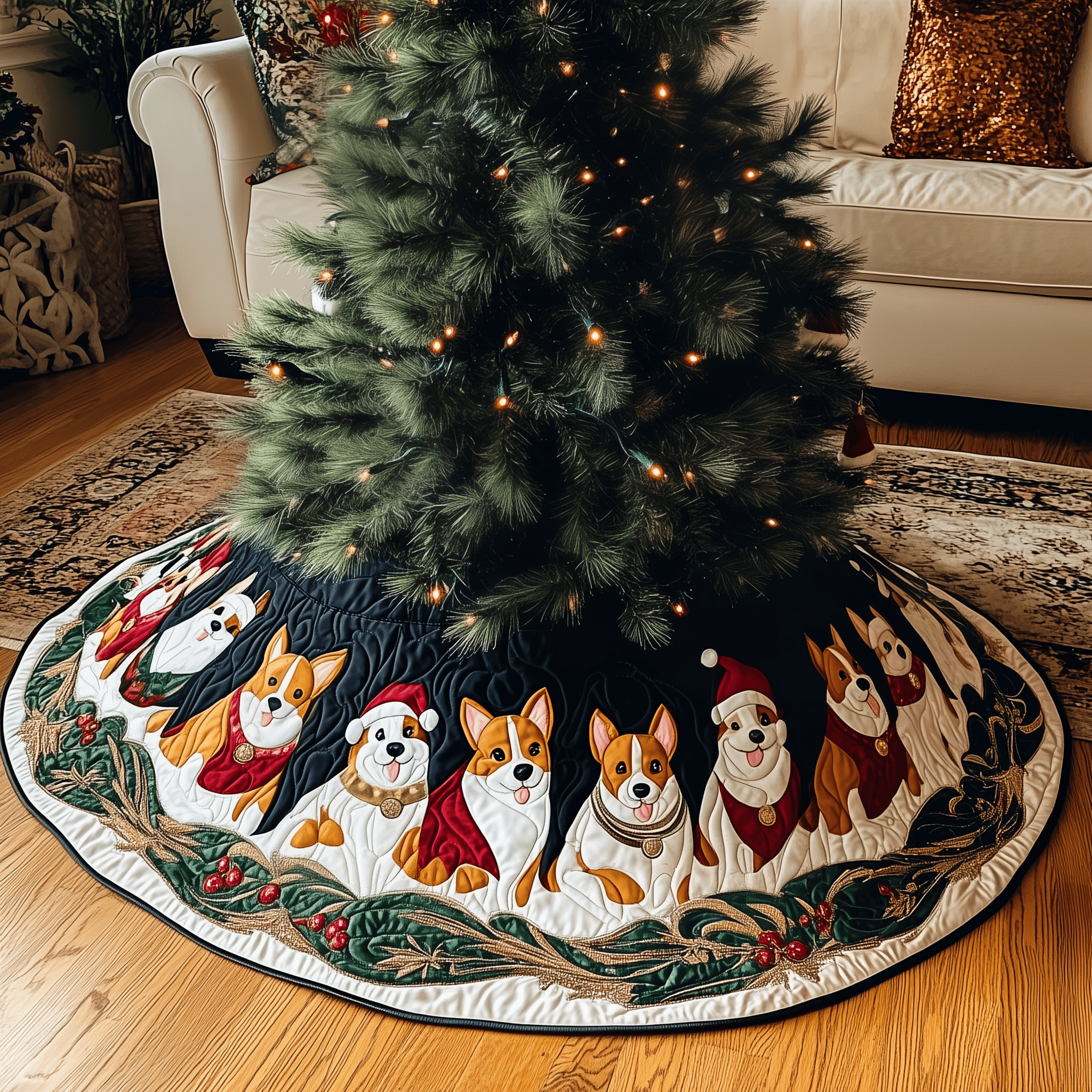 Joyful Christmas Corgi Quilted Tree Skirt Holiday Xmas Tree Decoration Corgi Christmas Gifts Items Stuff