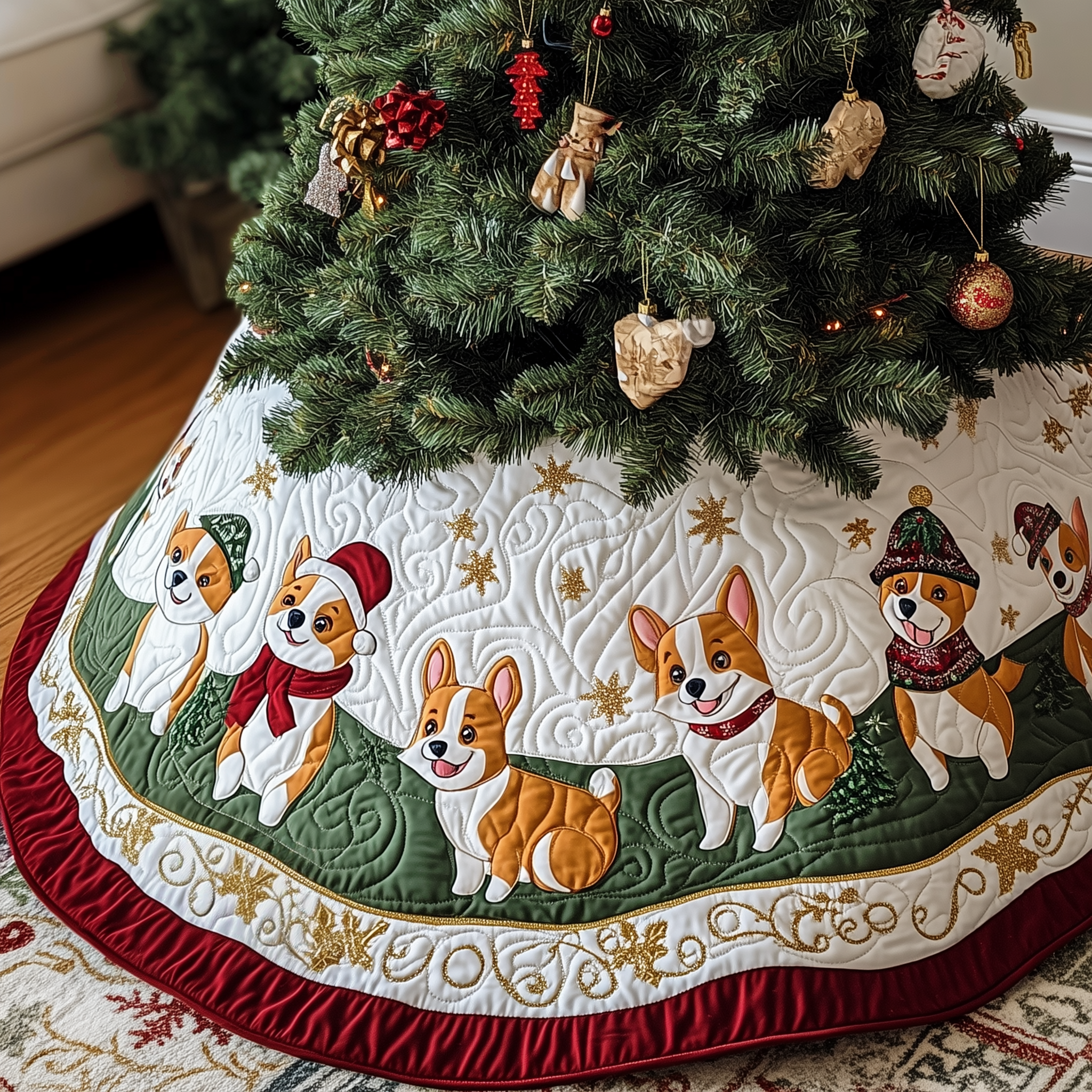 Joyful Christmas Corgi Quilted Tree Skirt Holiday Xmas Tree Decoration Corgi Christmas Gifts Items Stuff