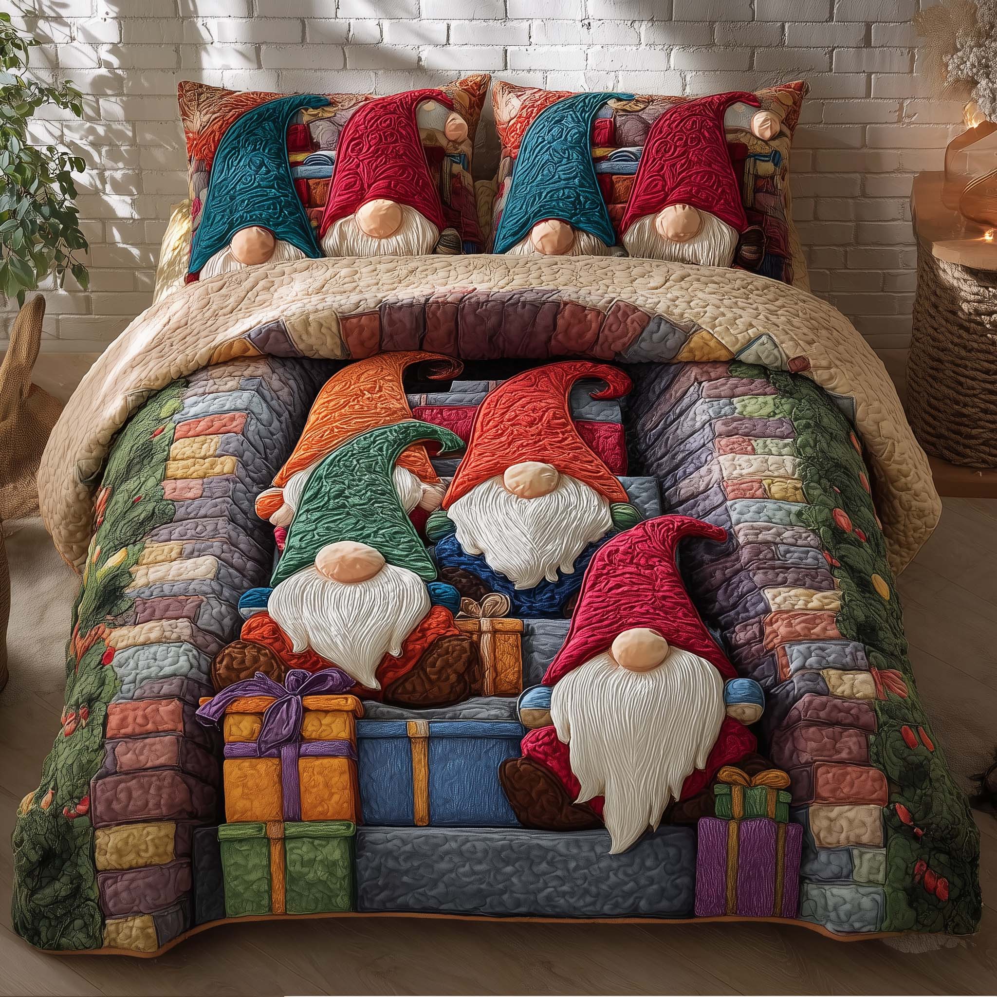 Joyful Christmas Gnomes Quilted Bedding Set Holiday Gnome Bedroom Decor Festive Gift Ideas