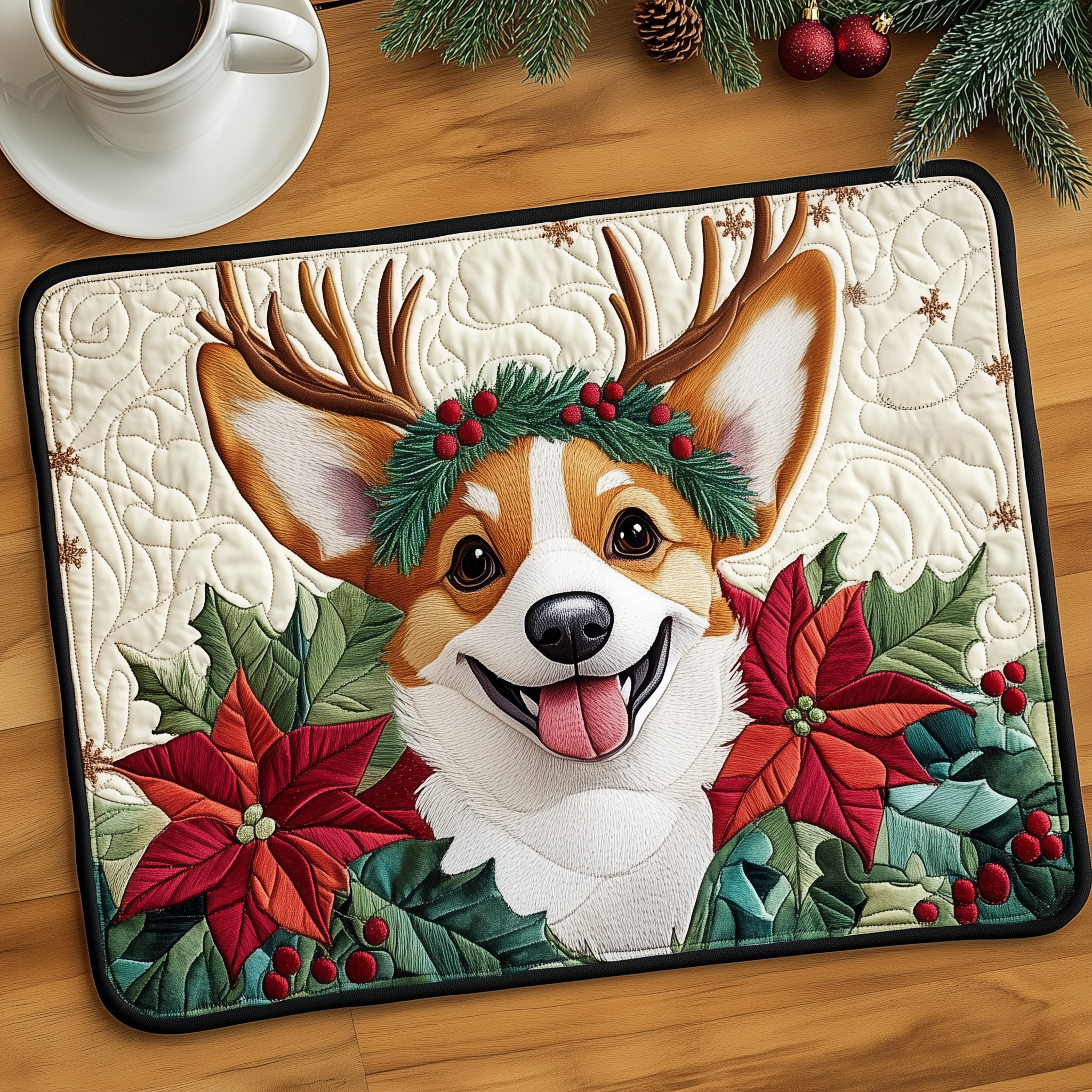 Joyful Corgi Quilted Placemat Fabric Holiday Placemat Corgi Christmas Decorations Gifts