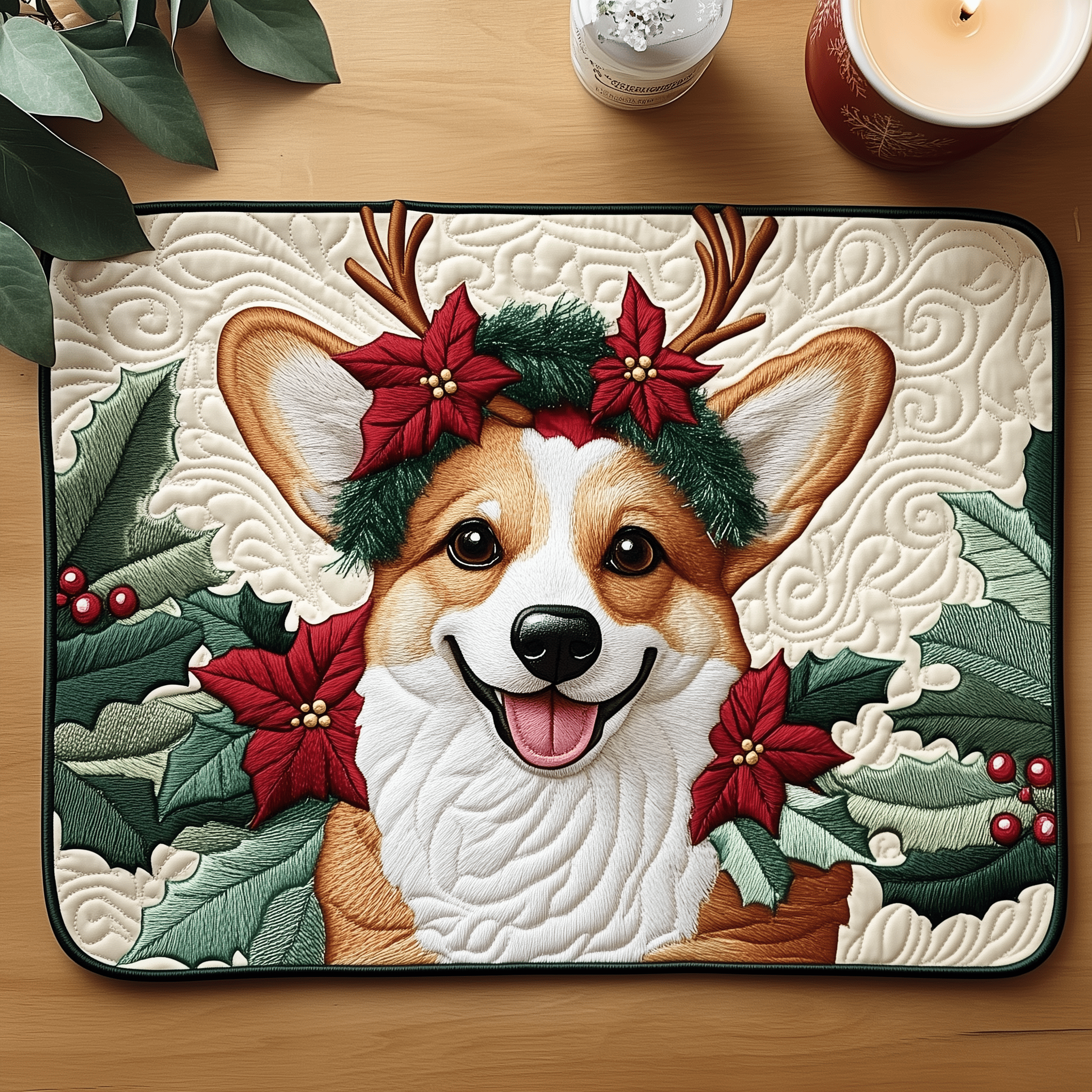 Joyful Corgi Quilted Placemat Holiday Christmas Placemat Corgi Themed Gifts