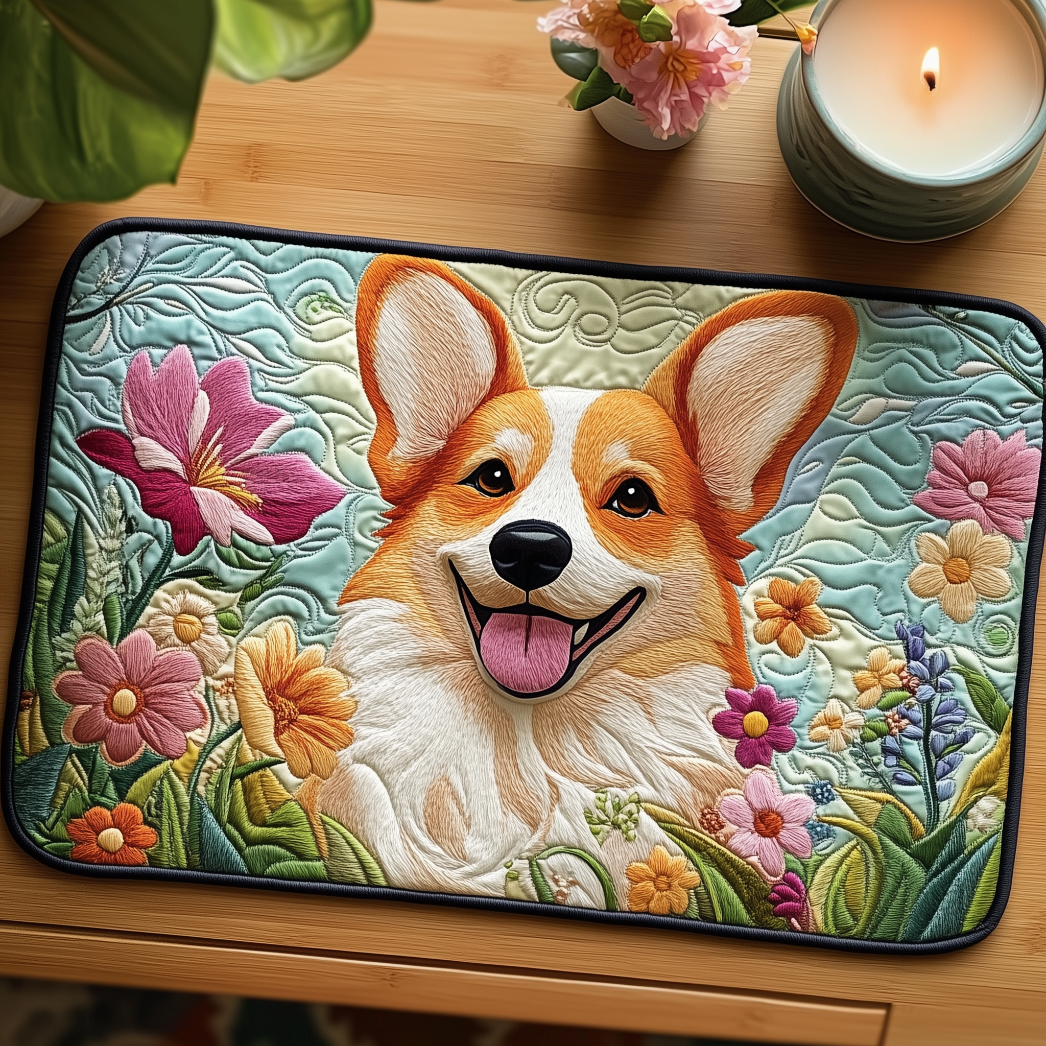 Joyful Corgi Quilted Placemat Holiday Xmas Square Table Placemat Corgi Christmas Stuff Gifts