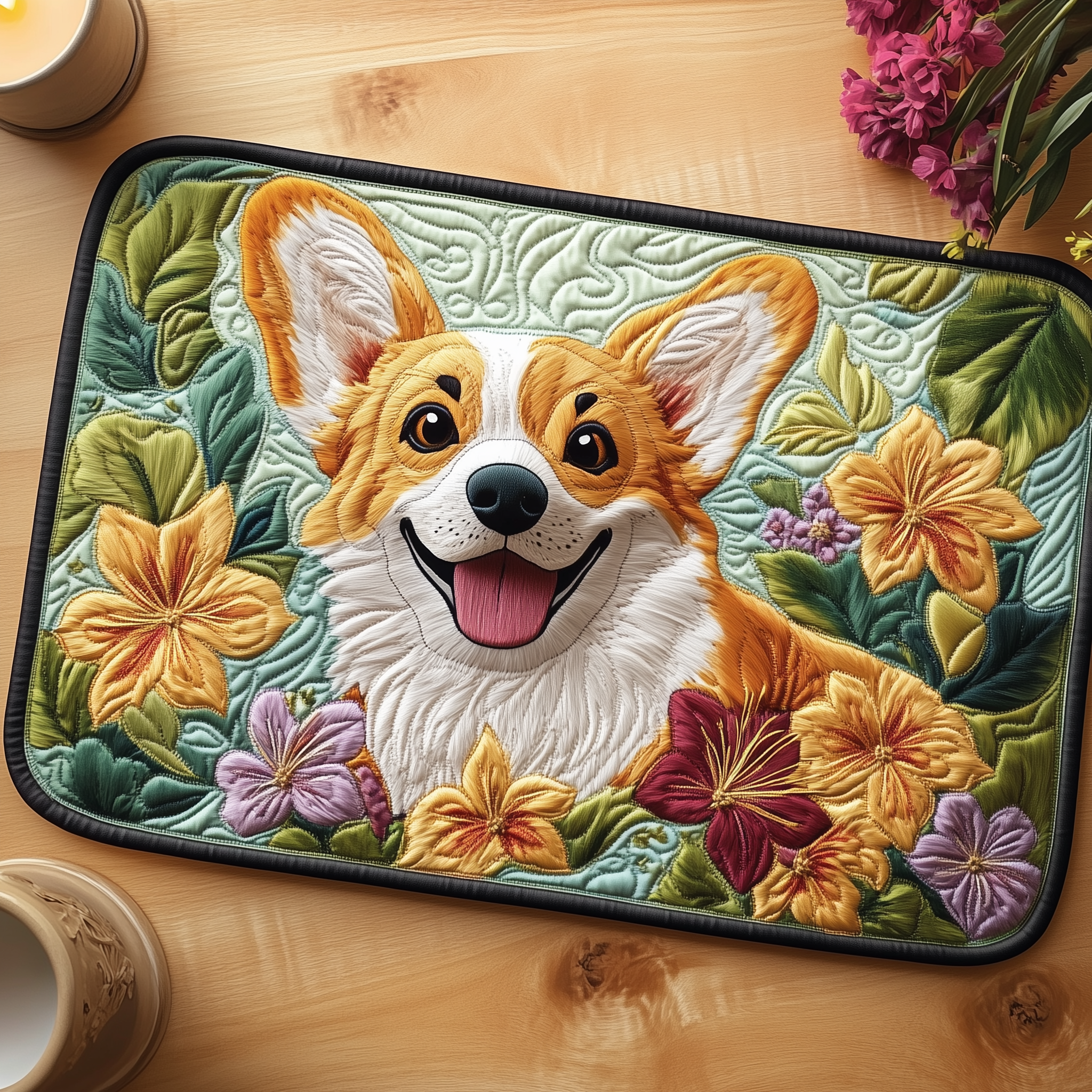 Joyful Corgi Quilted Placemat Square Table Placemat Corgi Christmas Presents Gift Items