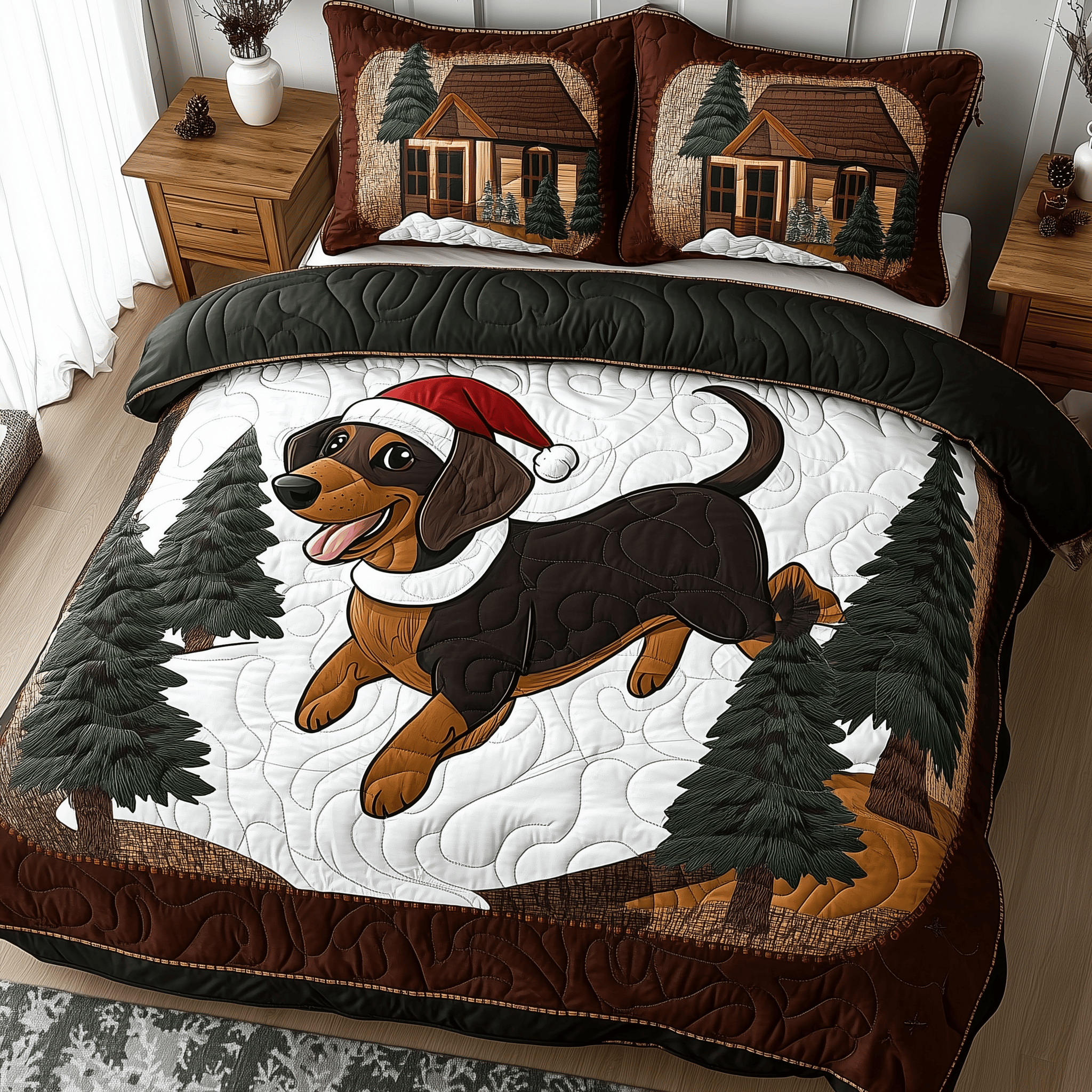 Joyful Dachshund Quilted Bedding Set Sausage Dog Christmas Decorations
