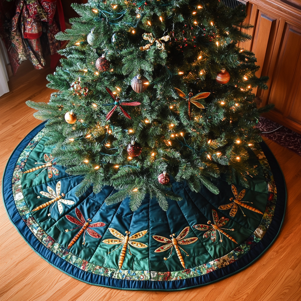 Joyful Dragonfly Christmas Quilted Tree Skirt Christmas Tree Skirt Dragonfly Lover Xmas Gift