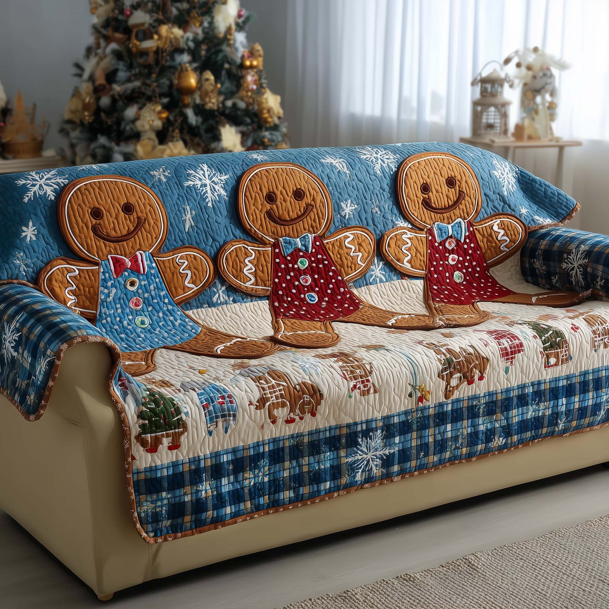 Joyful Gingerbeard Quilted Sofa Cover Happy Gingerbread Cookie Accent Unique Gifts For Xmas