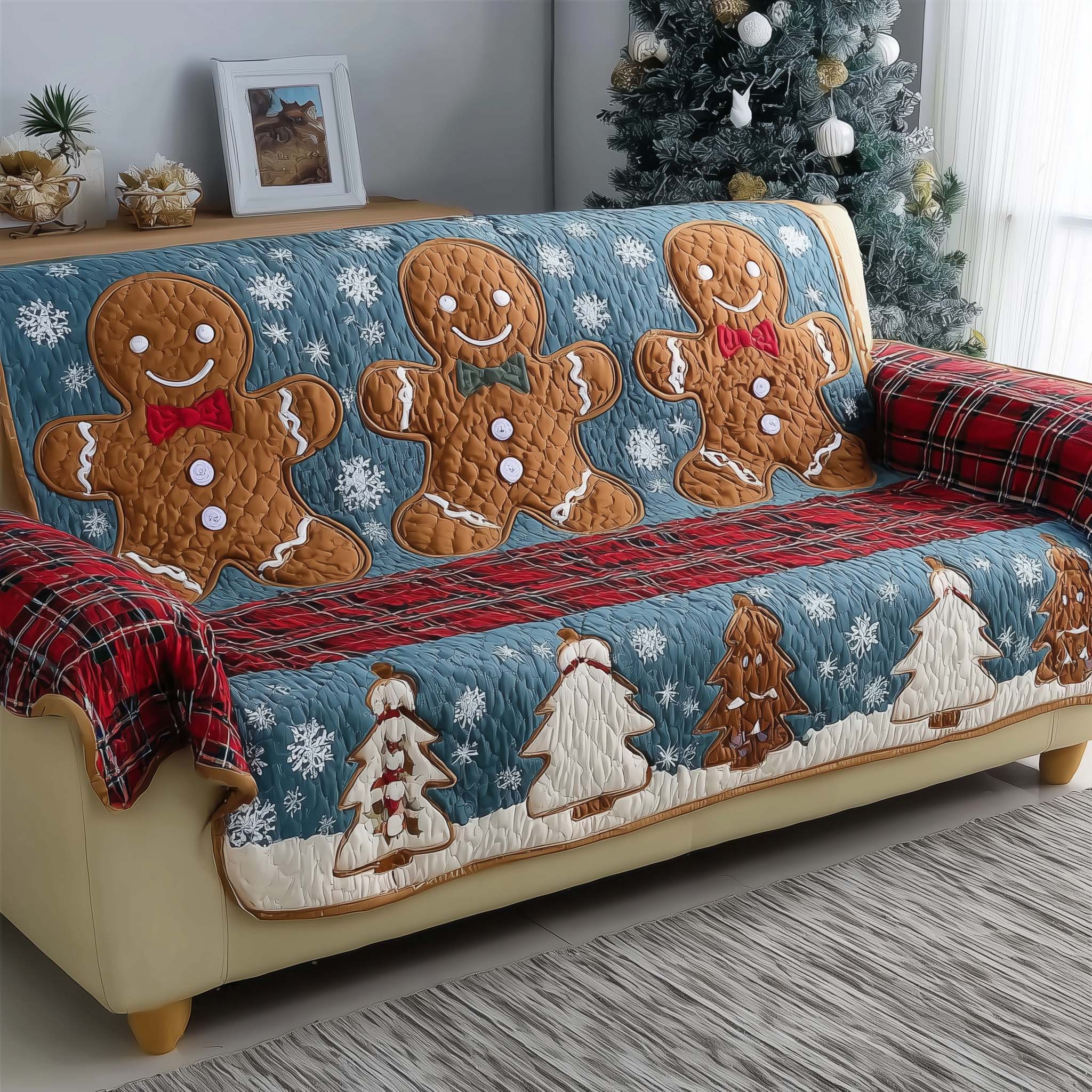 Joyful Gingerbeard Quilted Sofa Cover Sweet Gingerbread Man Motif Unique Gifts For Sweet Lovers