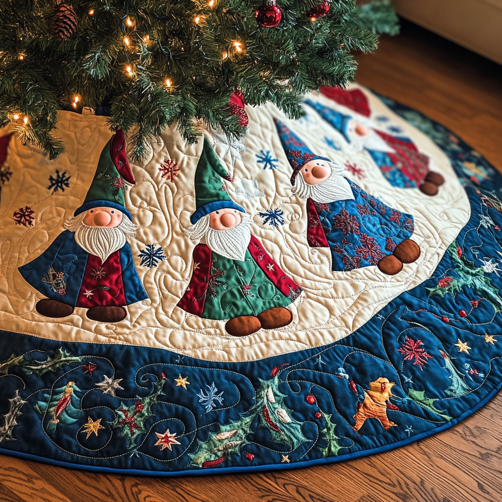 Joyful Gnomes Quilted Christmas Tree Skirt Festive Christmas Tree Skirt for Holiday Decor
