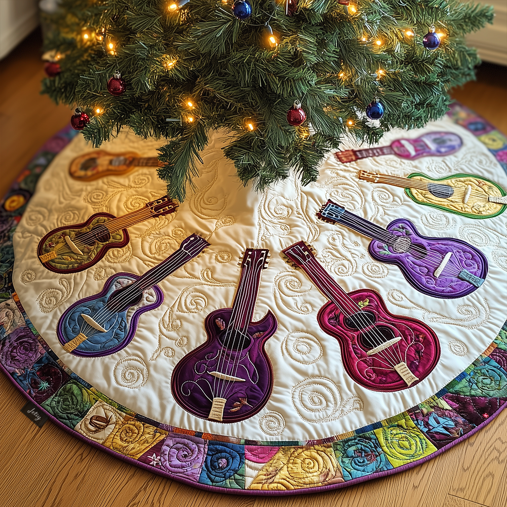 Joyful Guitar Quilted Tree Skirt Cozy Home Decor Gift Merch