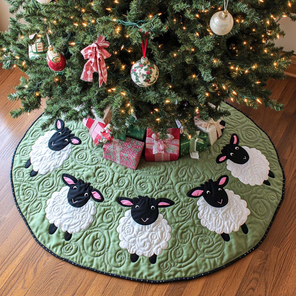Joyful Lamb Christmas Quilted Tree Skirt Xmas Indoor Decorations Sheep Secret Santa Gifts