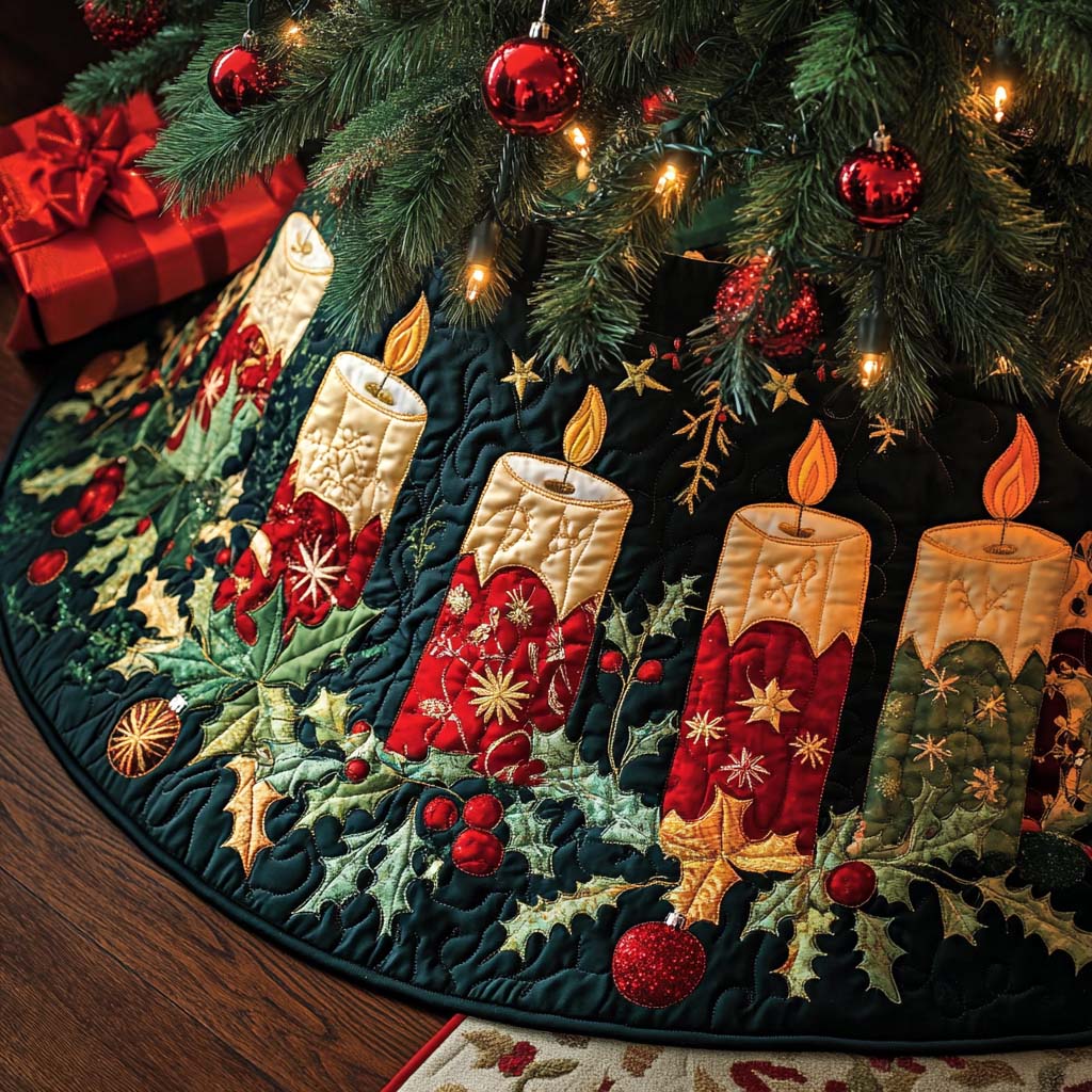 Joyful Night Christmas Quilted Tree Skirt Classic Red and White Tree Skirt for Traditional Decor