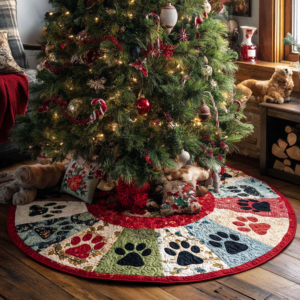 Joyful Paws Christmas Quilted Tree Skirt Cover For Xmas Tree Base Cool Gifts For Animal Lovers