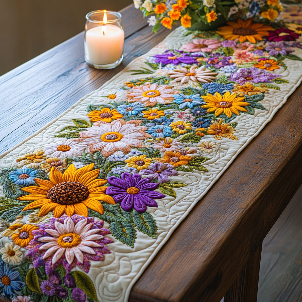 Joyful Petals Quilted Table Runner Kitchen Table Decor Sunflower Mother's Day Gifts