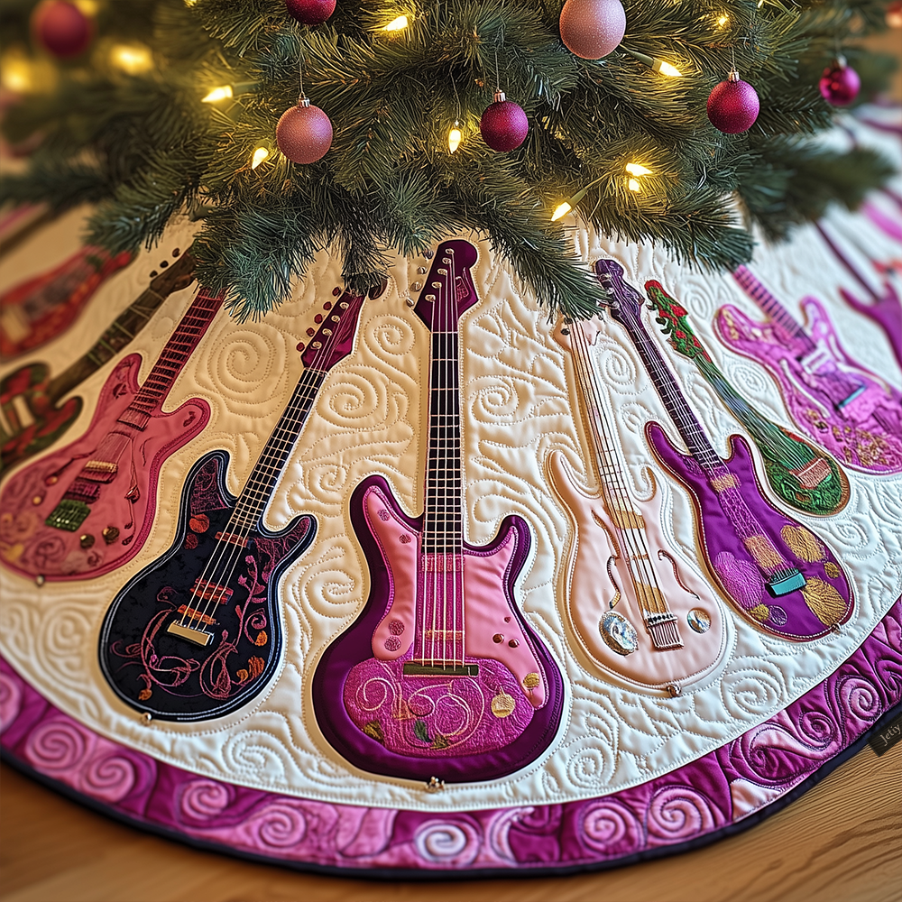 Joyful Pink Guitars Quilted Tree Skirt Warm Gift Merch For Family