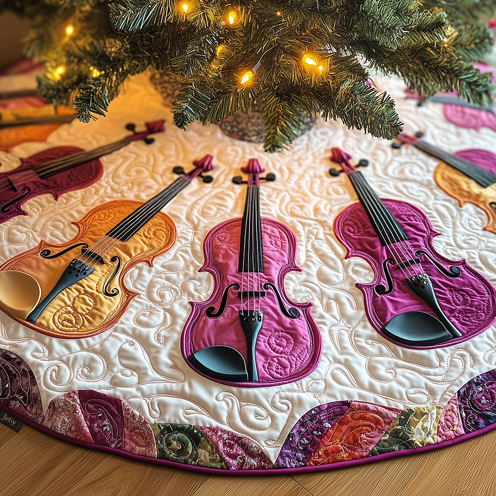 Joyful Pink Violins Quilted Tree Skirt Festive Living Room Merch
