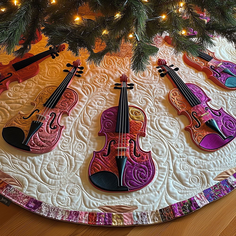 Joyful Pink Violins Quilted Tree Skirt Stylish Holiday Decor Gift Merch