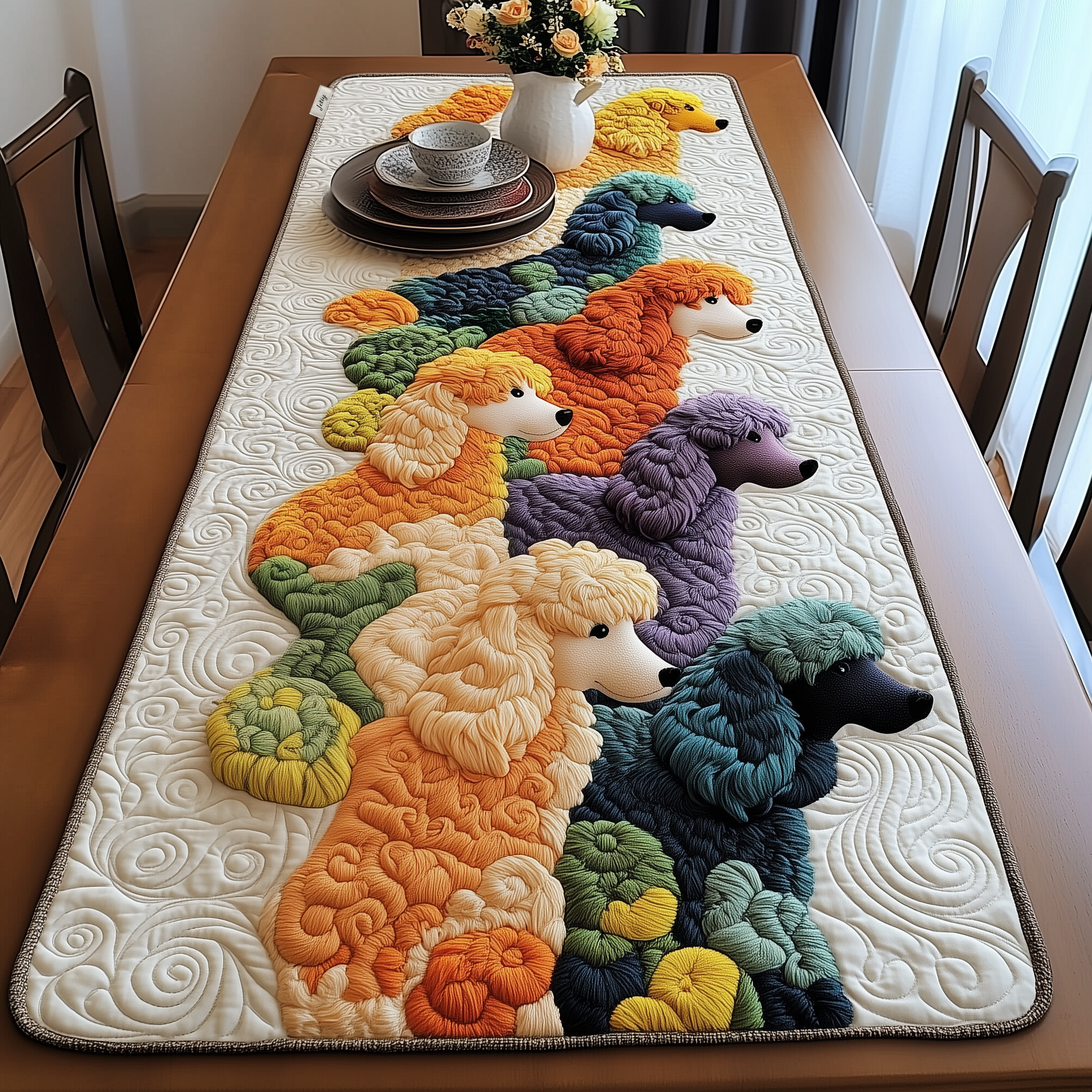 Joyful Poodle Quilted Table Runner Cute Christmas Holiday Poodle Gifts For Ladies Xmas