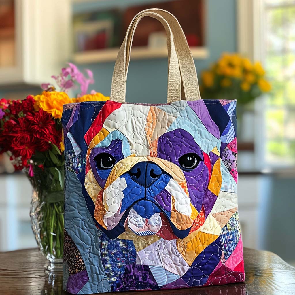Joyful Pup Colors Quilted Tote Bag Cute Dog Owner Gift Ideas