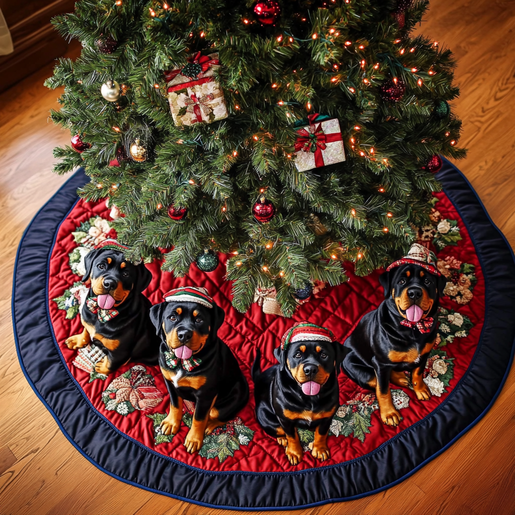Joyful Rottweiler Christmas Quilted Tree Skirt High-Quality Quilted Tree Skirt for Holiday Home Decor