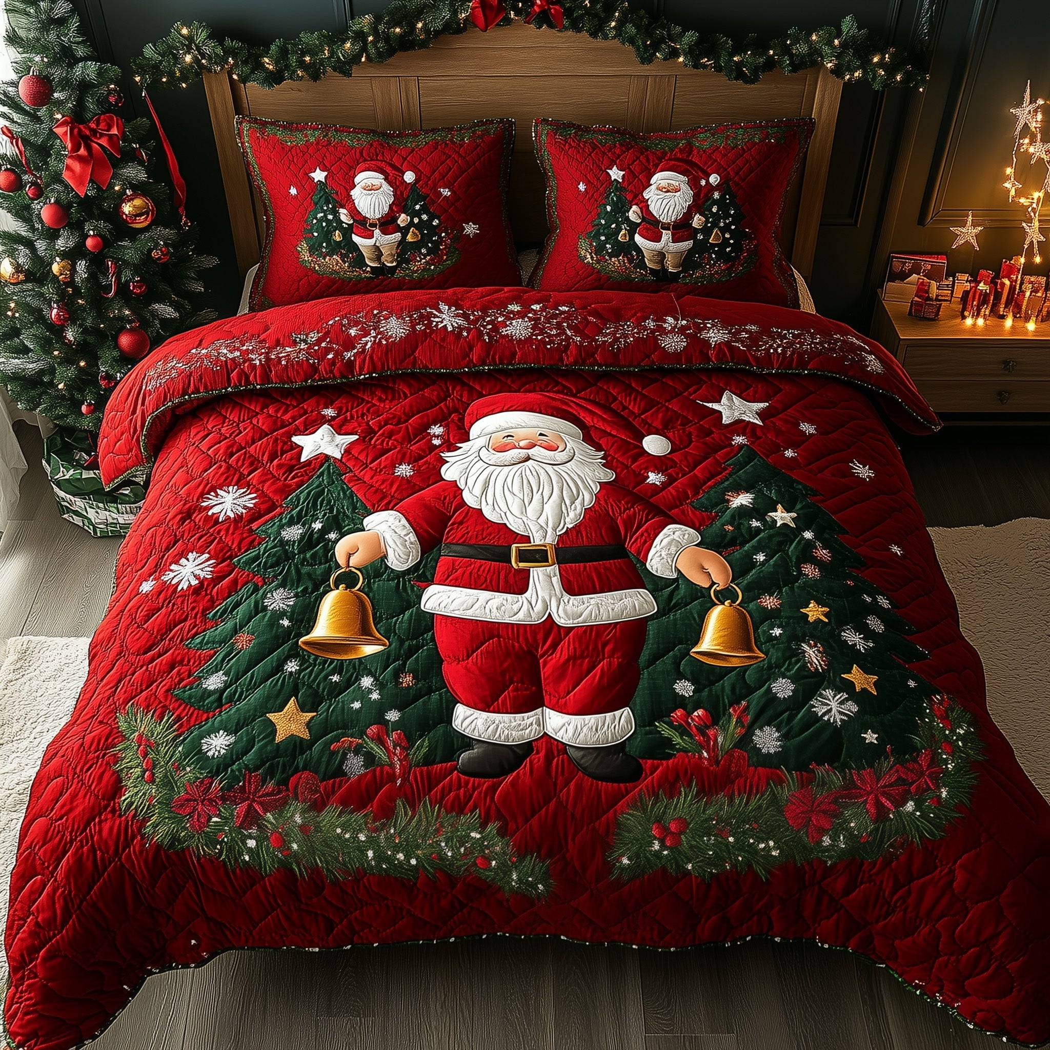Joyful Santa Quilted Bedding Set Santa With Bell Home Decor Awesome Xmas Bedding Presents