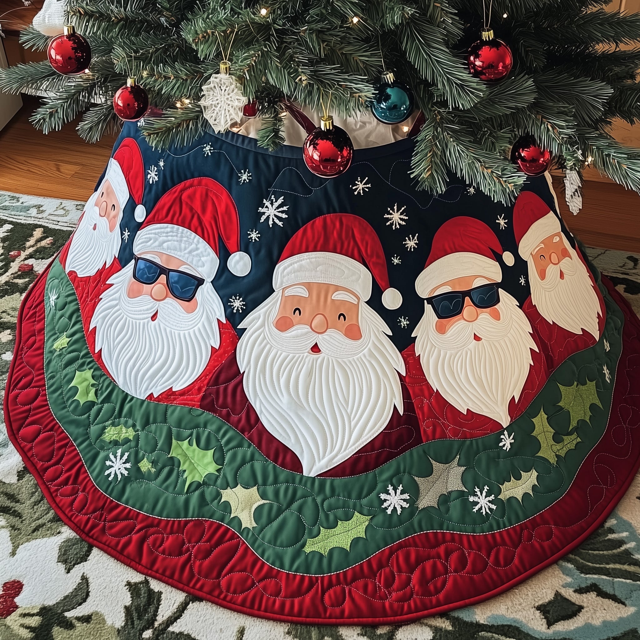 Joyful Santa Quilted Tree Skirt Beautiful Christmas Tree Skirt Merch
