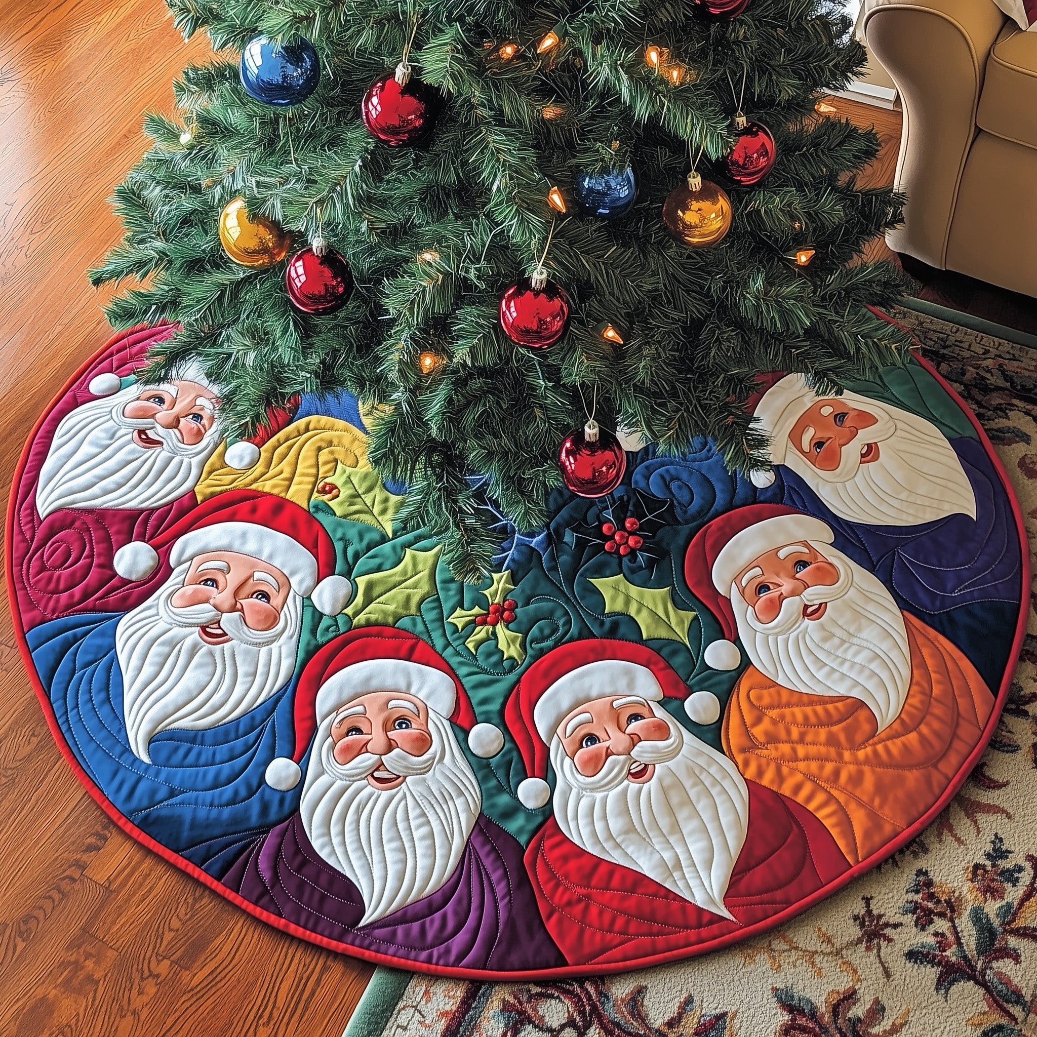 Joyful Santa Quilted Tree Skirt Cozy Tree Skirt For Holiday Decor