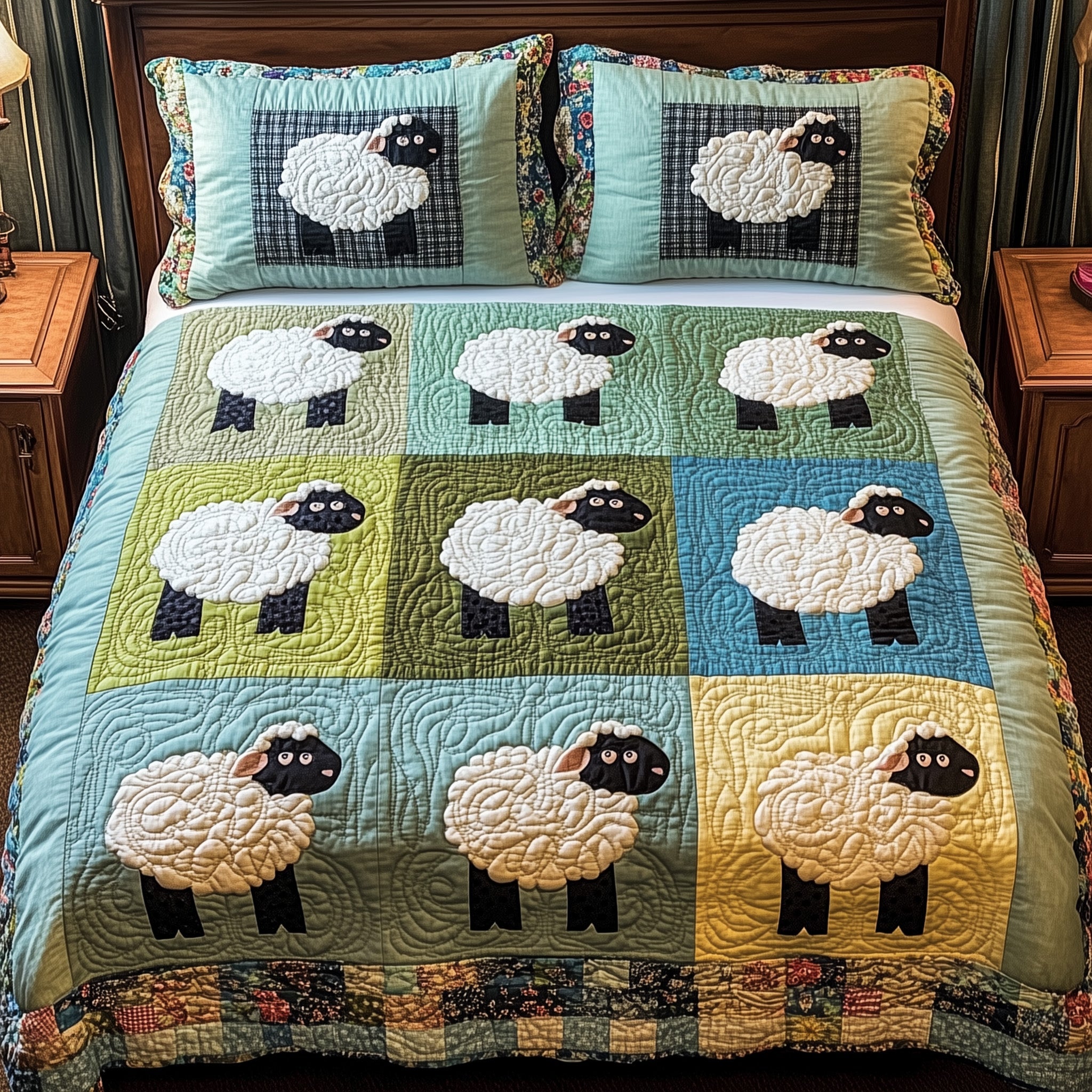 Joyful Sheep Patchwork Quilted Bedding Set Duvet Cover Bed Sheet Farmers Sheep Theme Gifts