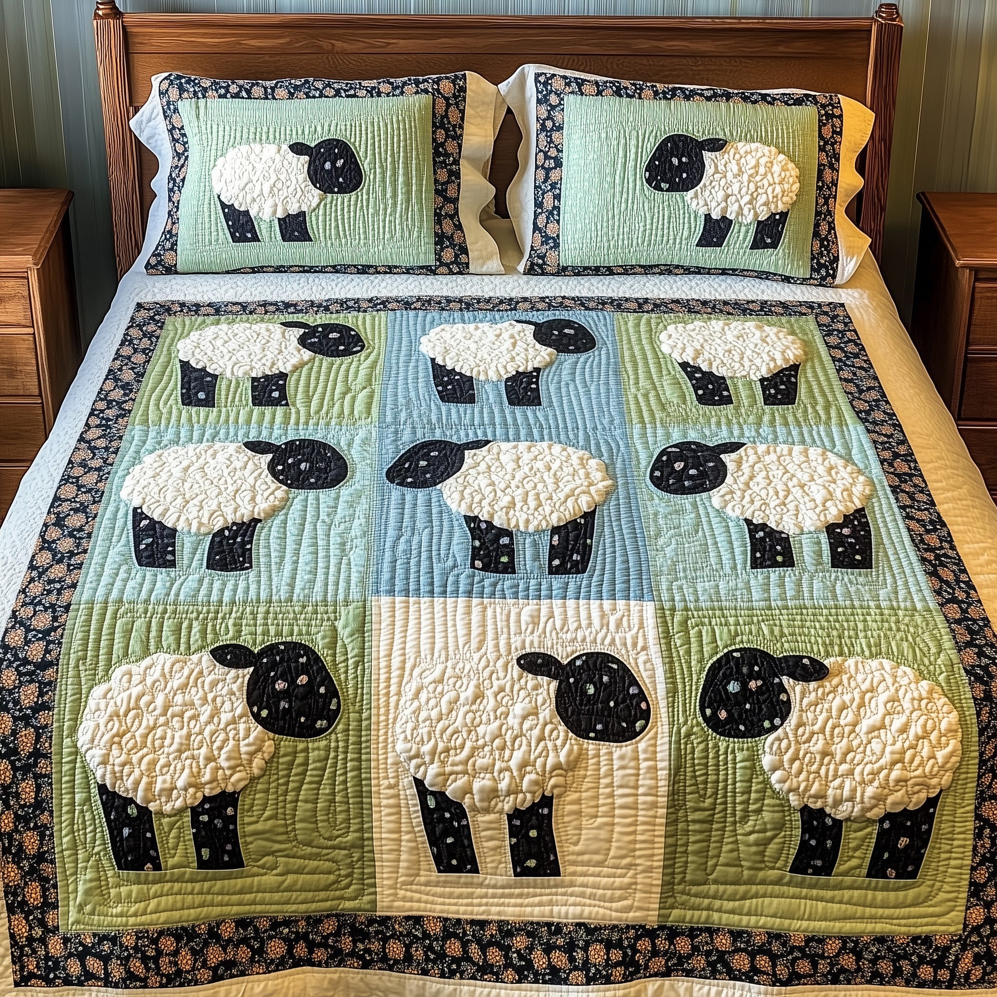 Joyful Sheep Patchwork Quilted Bedding Set Duvet Cover Bed Sheet Presents For Sheep Farmers