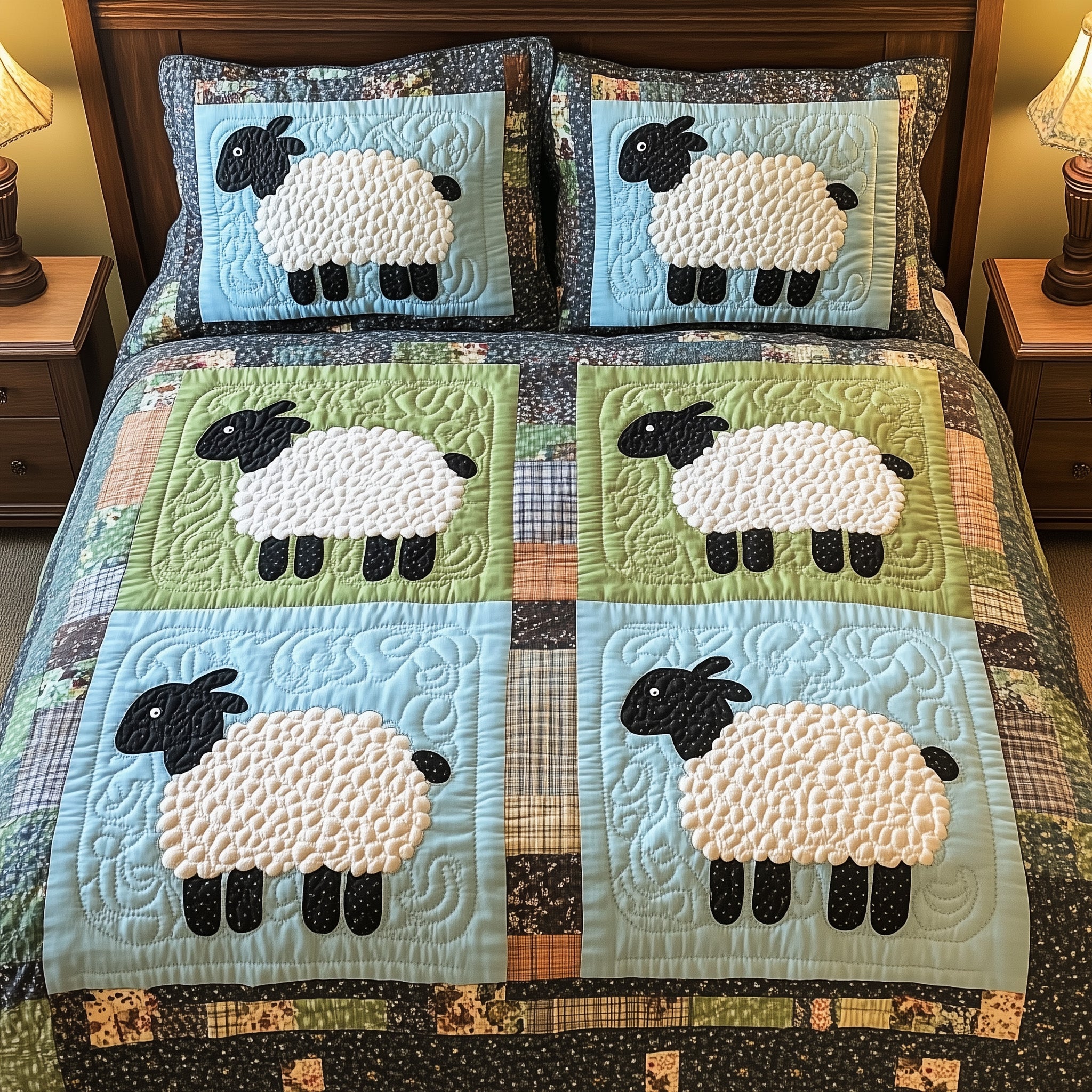 Joyful Sheep Patchwork Quilted Bedding Set Duvet Cover Bed Sheet Sheep Themed Gifts Christmas
