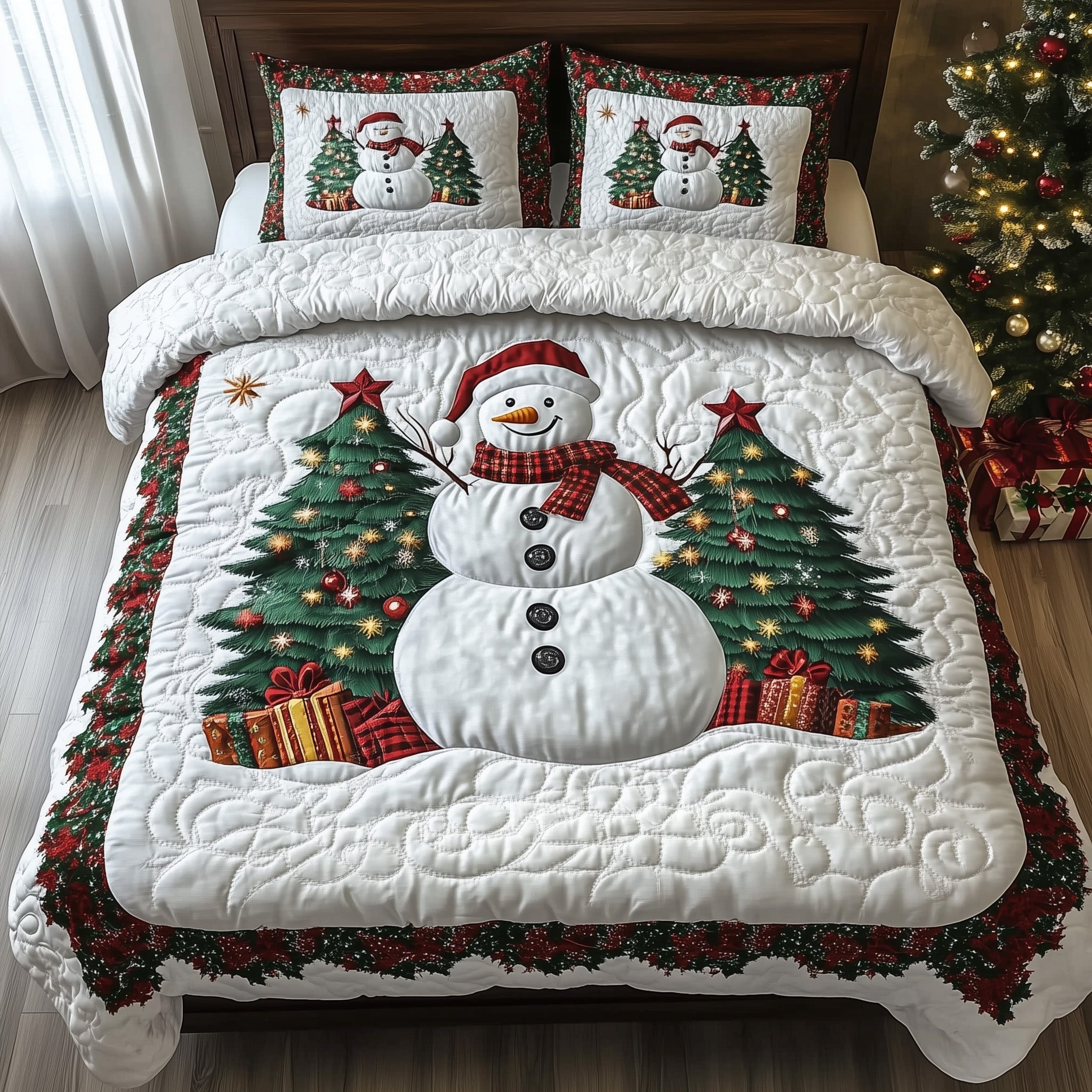 Joyful Snowman Christmas Quilted Bedding Set Duvet Cover Bedspread Cute Xmas Gifts Ideas