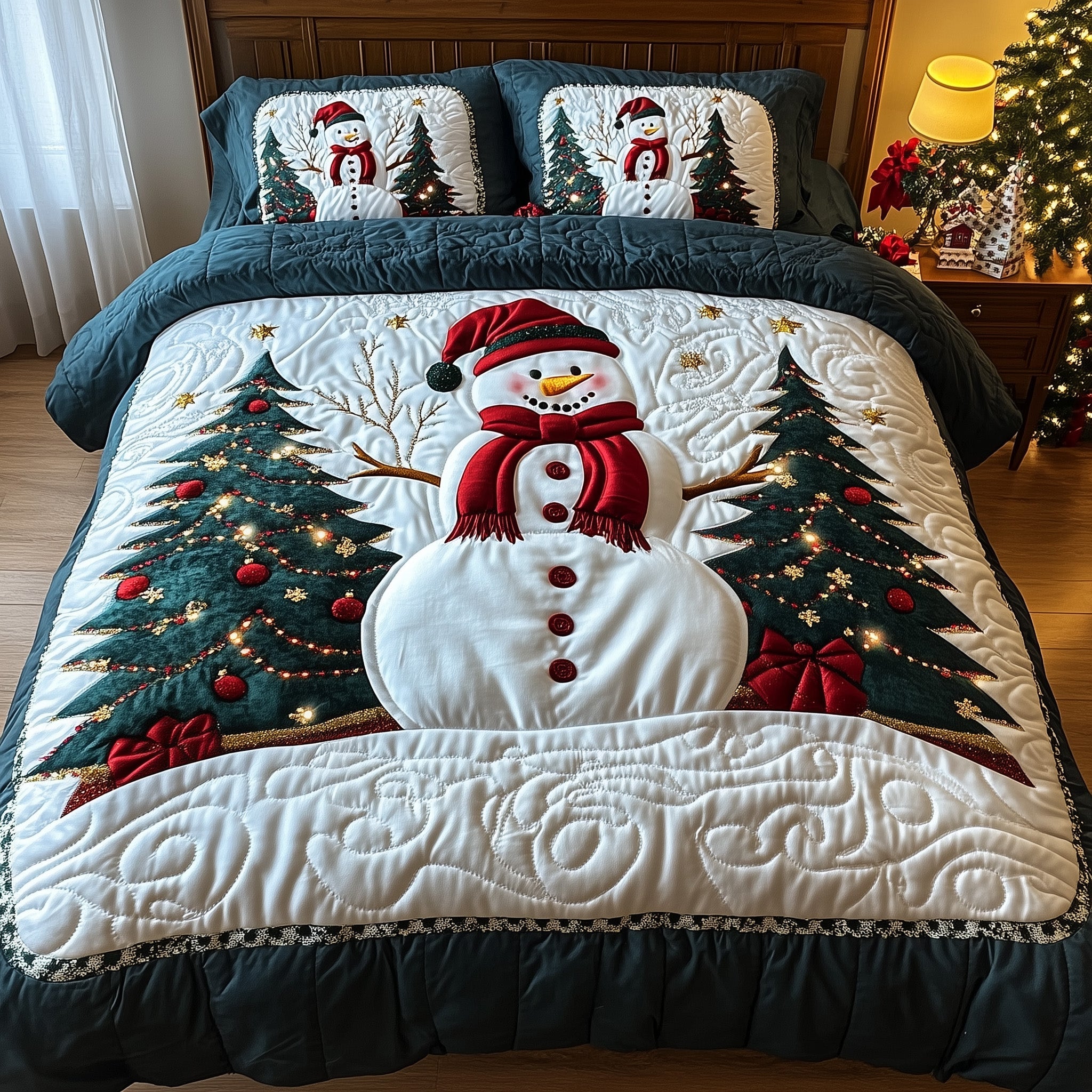 Joyful Snowman Christmas Quilted Bedding Set Duvet Cover Bedspread Cute Xmas Present Ideas