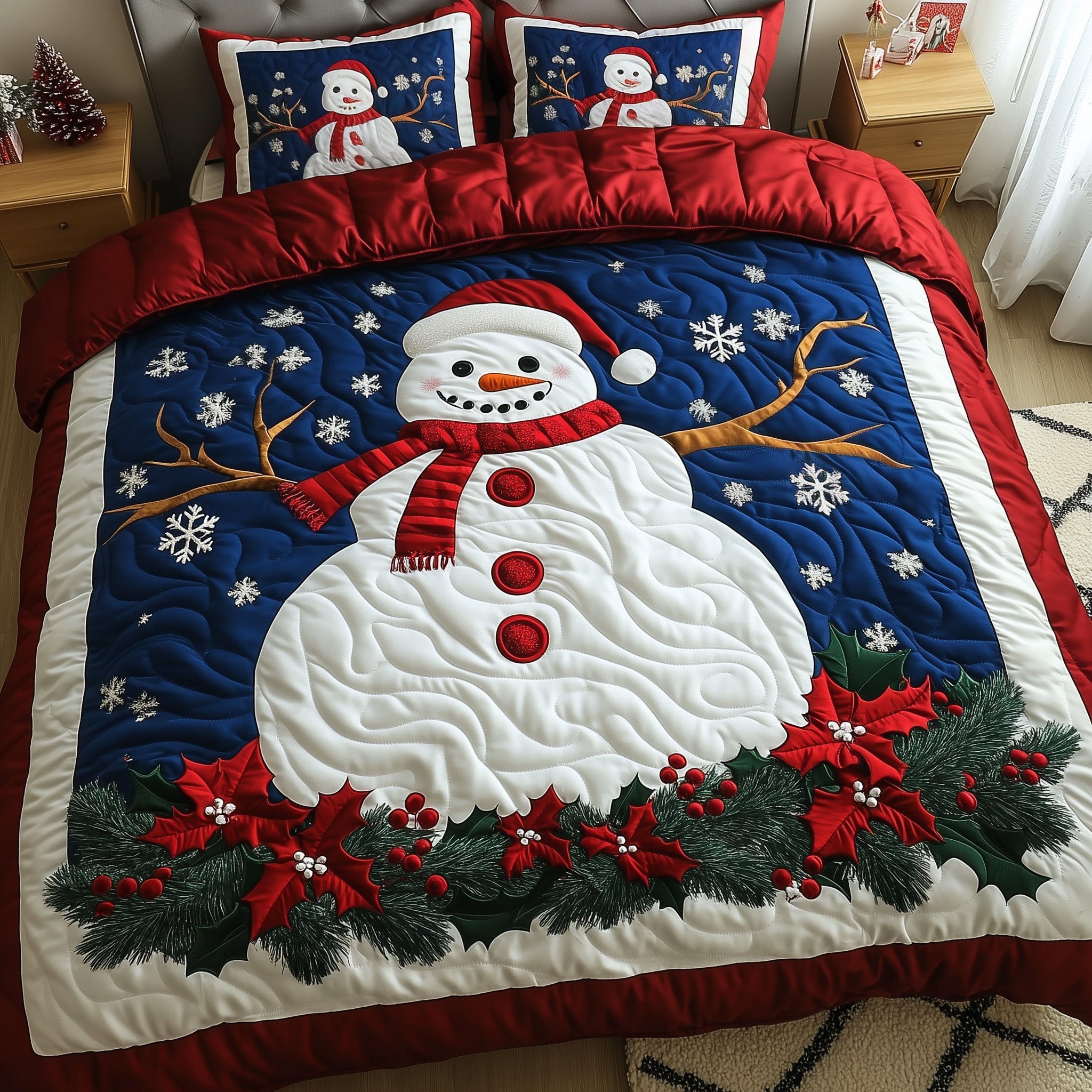 Joyful Snowman Christmas Quilted Bedding Set Duvet Cover Bedspread Cute Xmas Presents