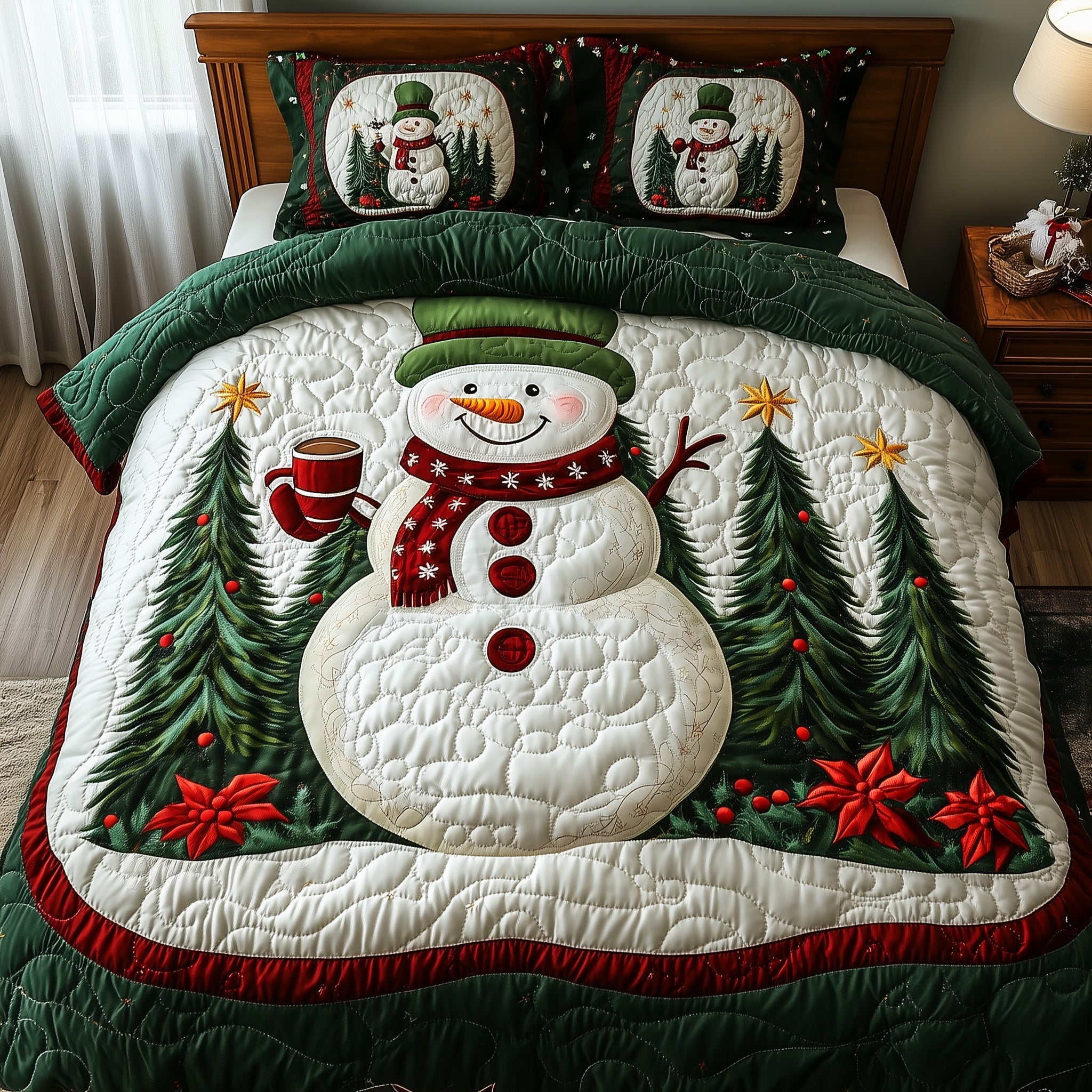 Joyful Snowman Christmas Quilted Bedding Set Duvet Cover Bedspread Cute Xmas Presents For Daughter