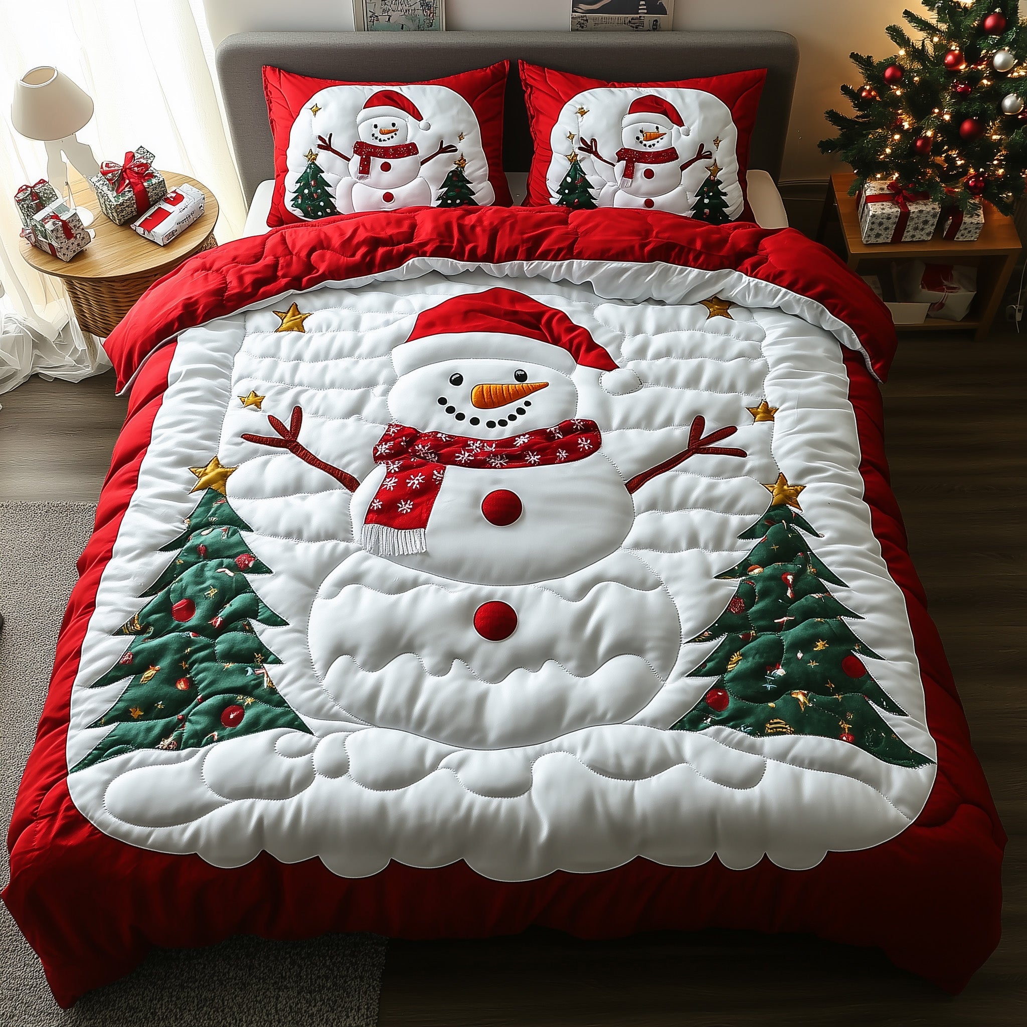 Joyful Snowman Christmas Quilted Bedding Set Duvet Cover Bedspread Cute Xmas Presents For Girlfriend