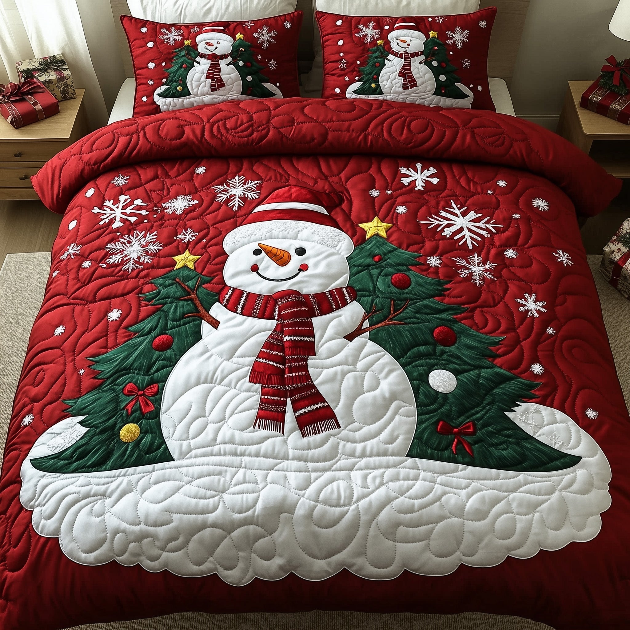 Joyful Snowman Christmas Quilted Bedding Set Duvet Cover Bedspread Cute Xmas Presents For Her