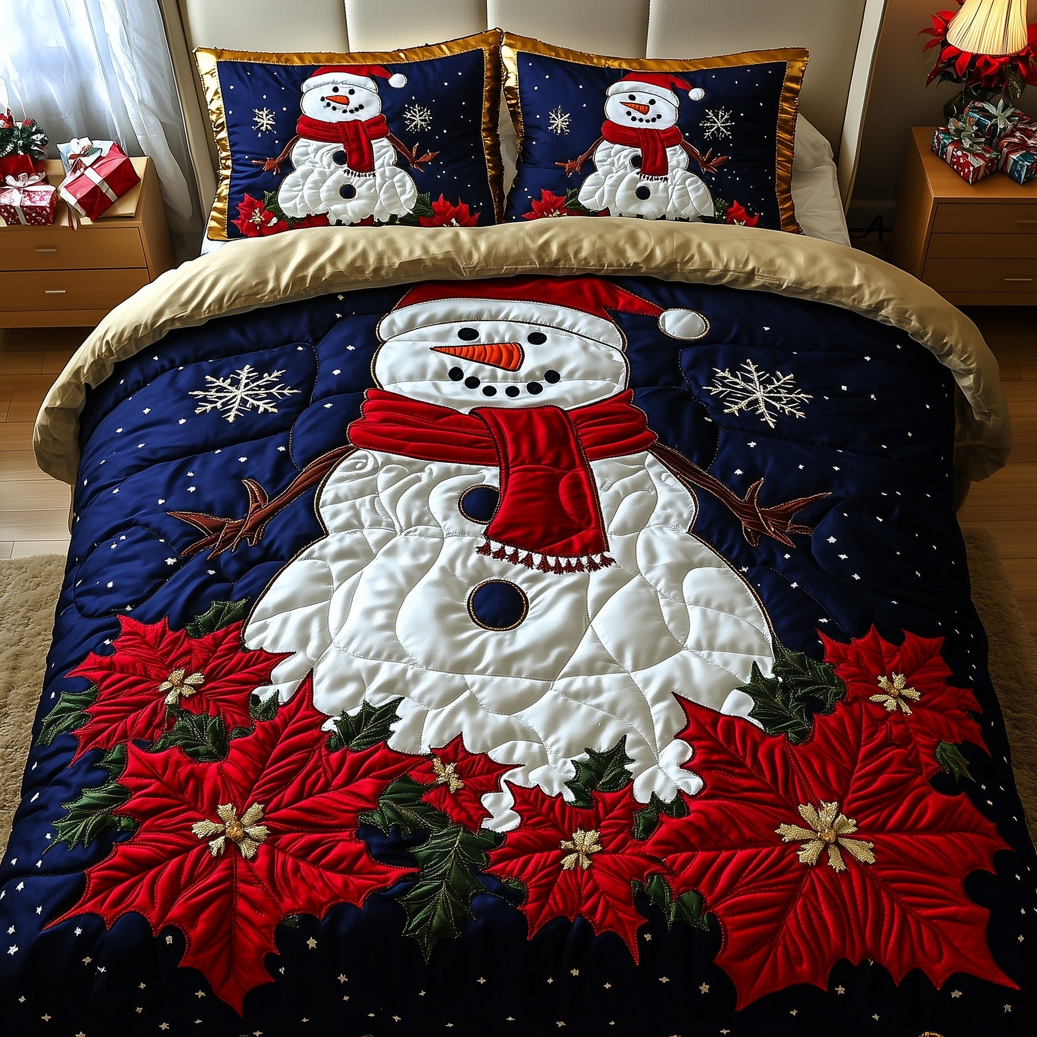 Joyful Snowman Christmas Quilted Bedding Set Duvet Cover Bedspread Cute Xmas Presents For Lovers