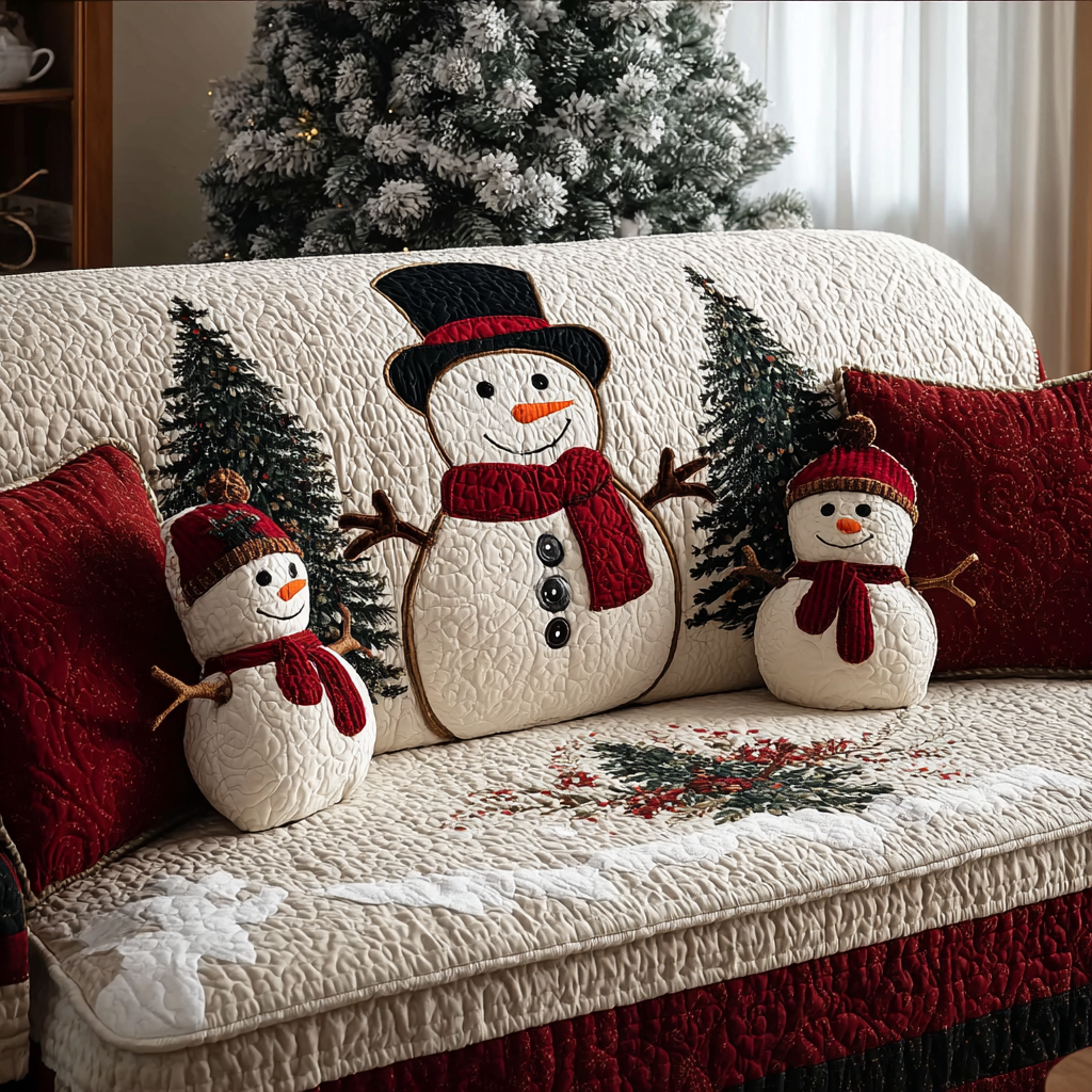Joyful Snowman Quilted Sofa Cover Holiday Couch Covers Unique Snowman Gifts