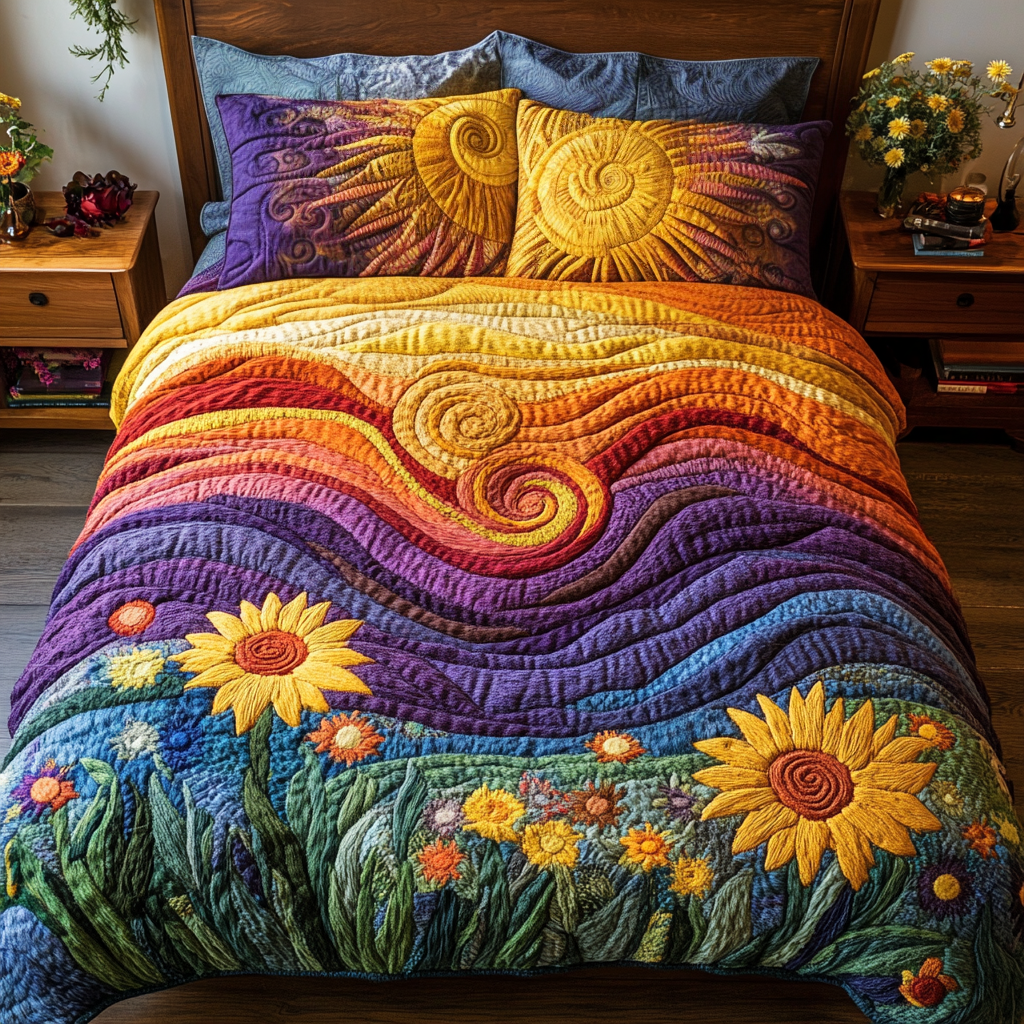 Joyful Swirls Quilted Bedding Set Bedroom Decor Ideas Sunflower Presents Merchandise