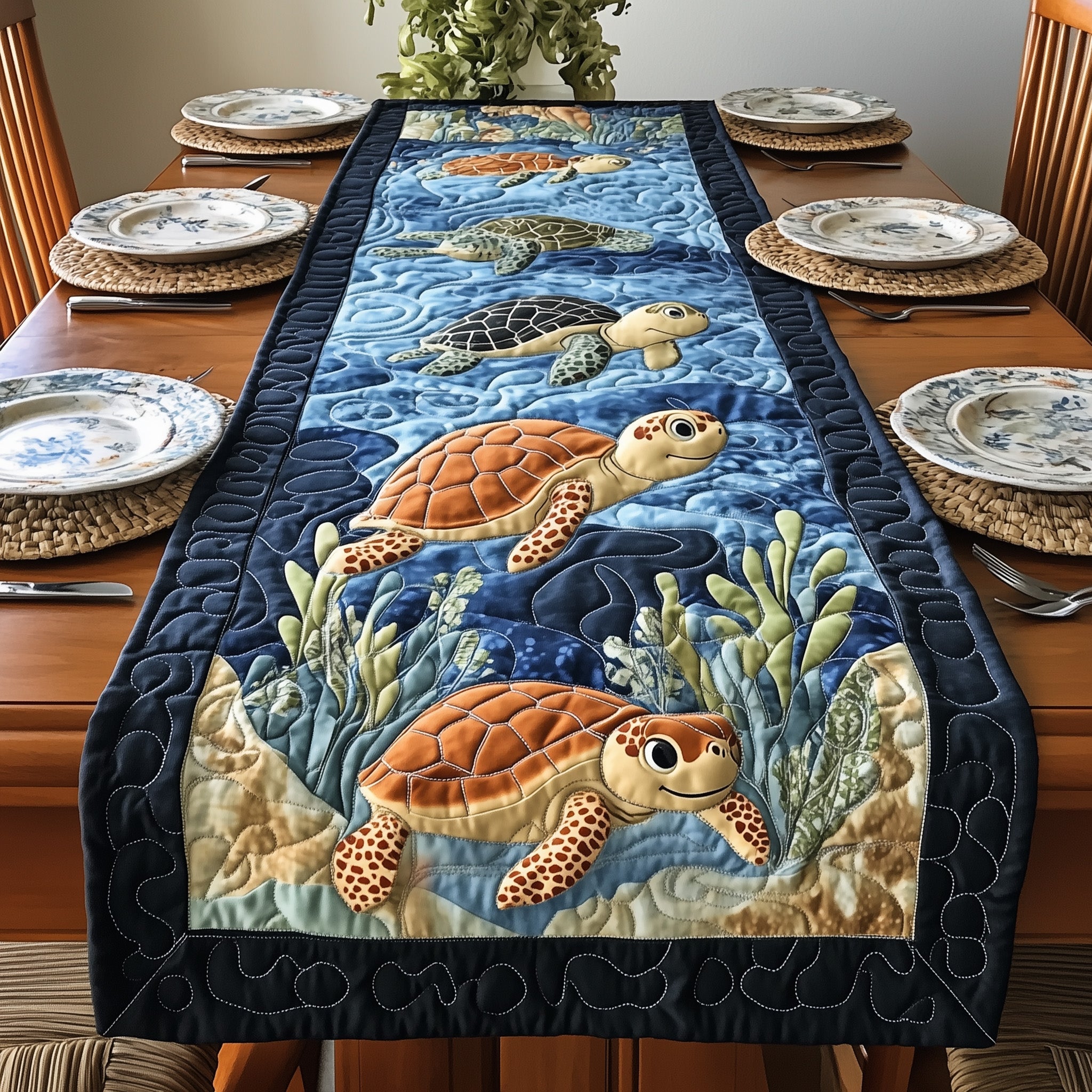 Joyful Turtle Quilted Table Runner Christmas Dining Room Table Runner